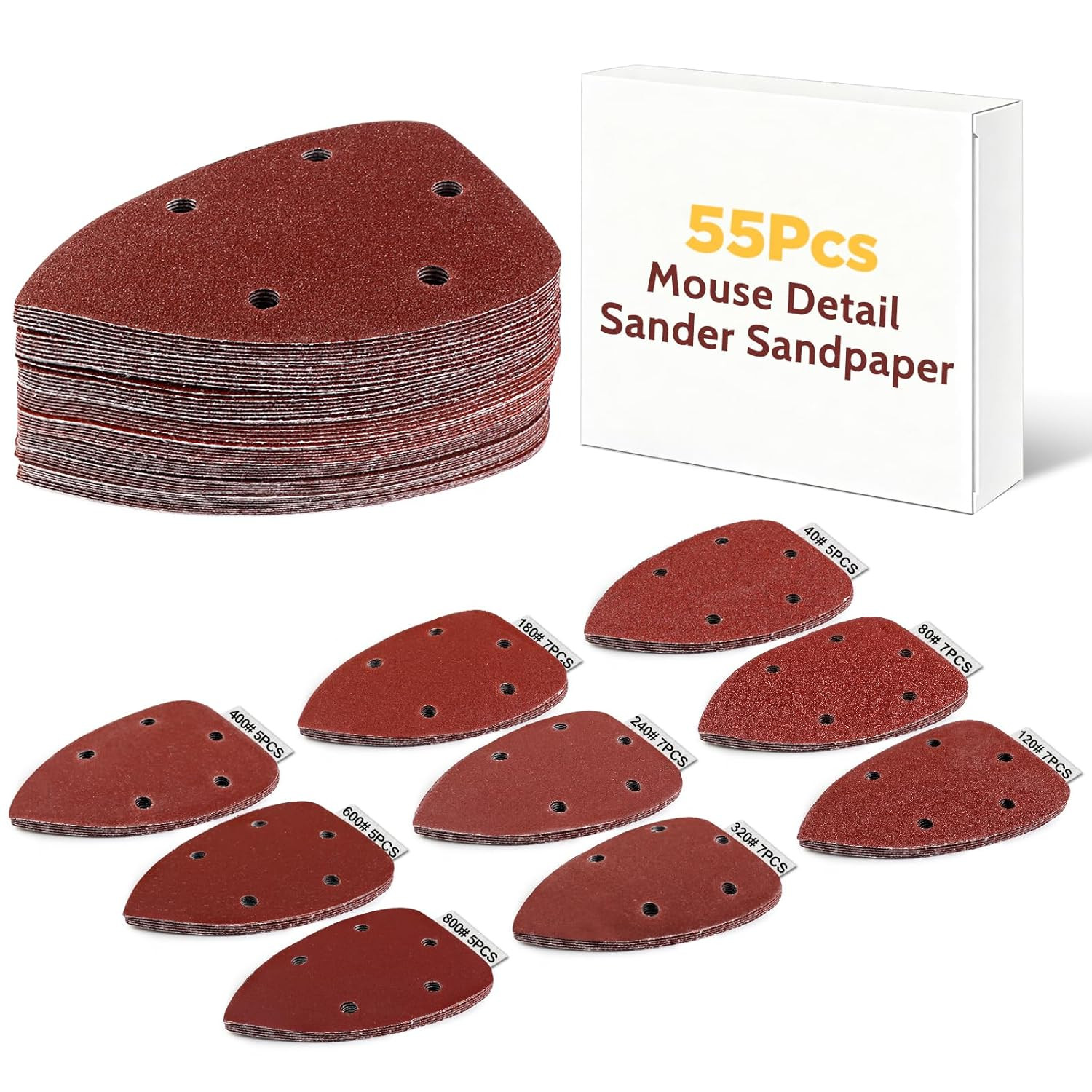 55Pcs Mouse Detail Sander Sandpaper, 9 Grits (40-800) Premium Triangle Sanding P