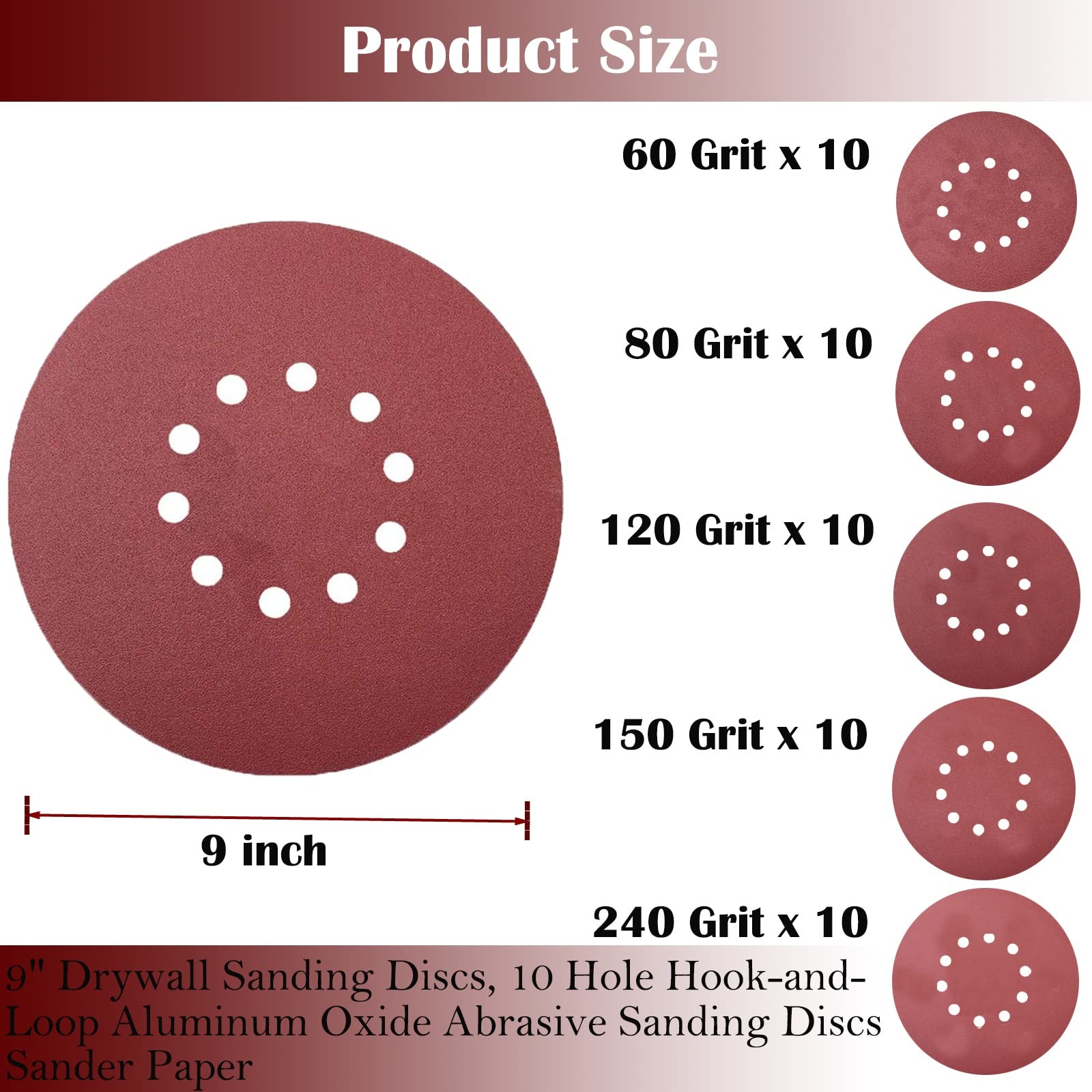 50 PCS 9Inch 10Hole HookandLoop Sanding Discs for Drywall Sander 10 Pack Each…