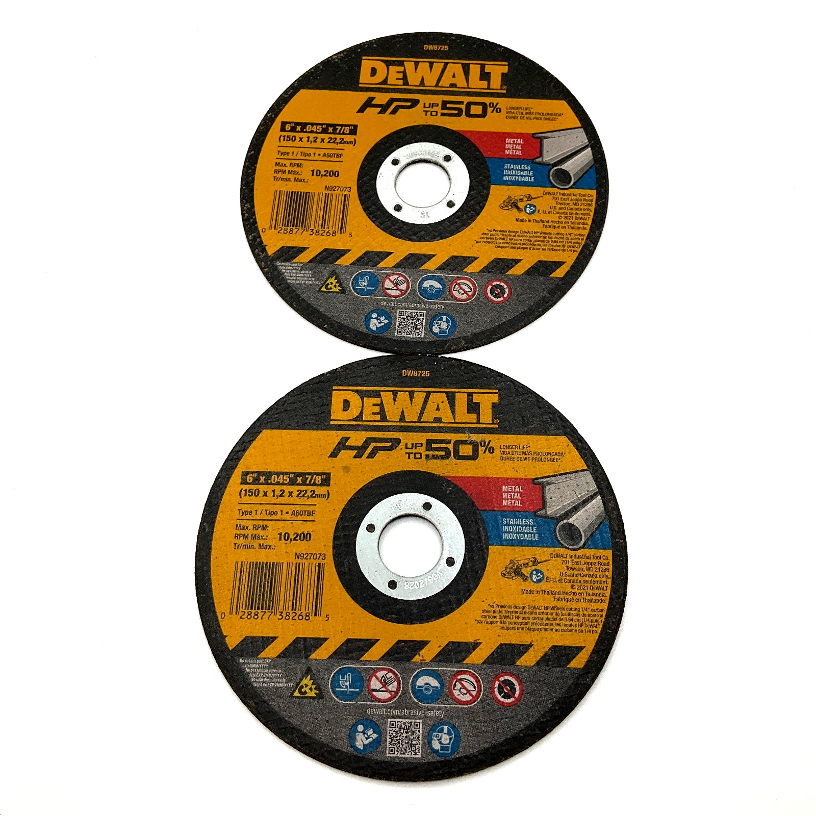 Lot of 2 DeWALT DW8725 6″ Metal Cut-Off Wheels Type 1 6″x.045″x7/8″