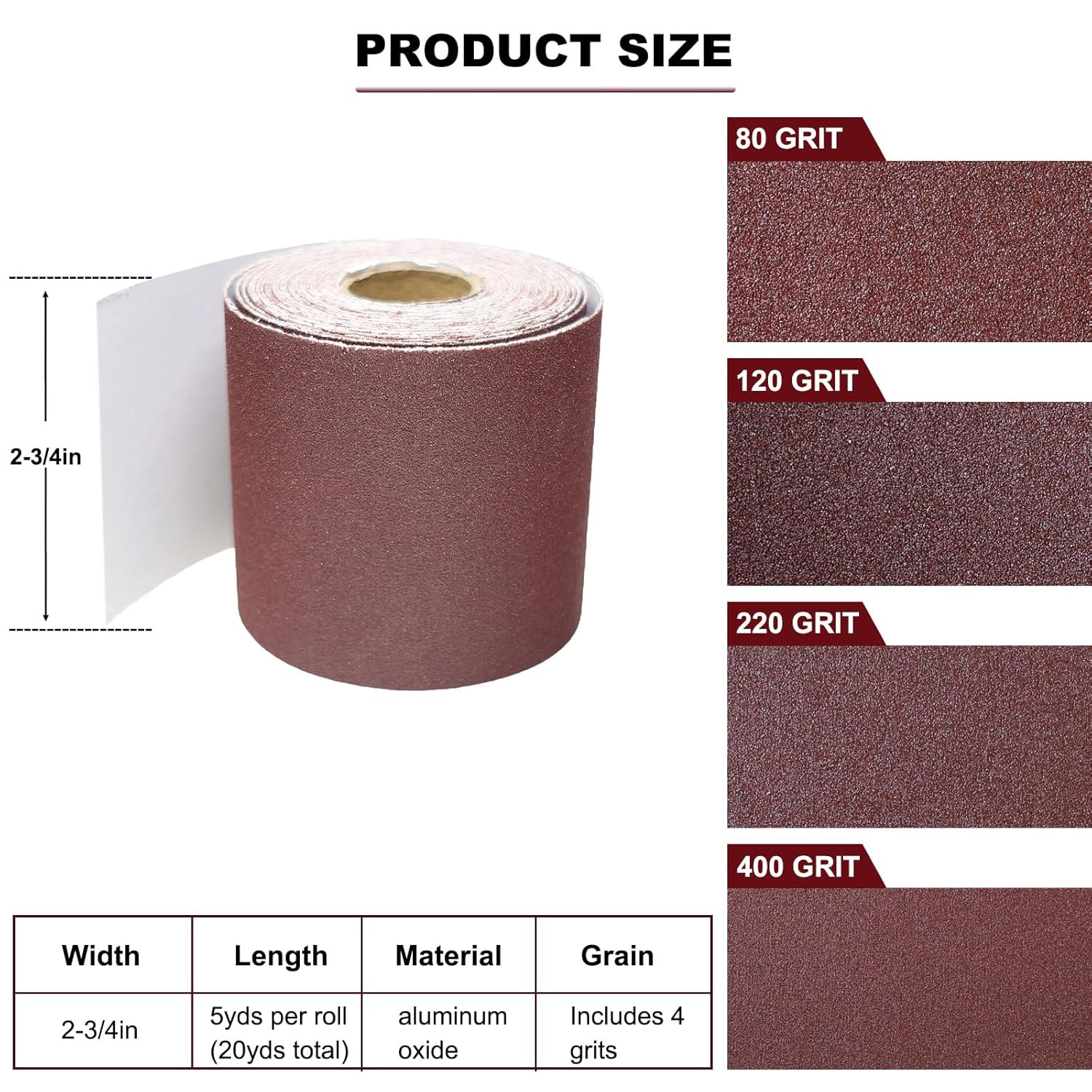 Total 20 Yard 2-3/4 Inch Wide PSA Sandpaper Roll Assorted – 80 120 220 400 Gr…
