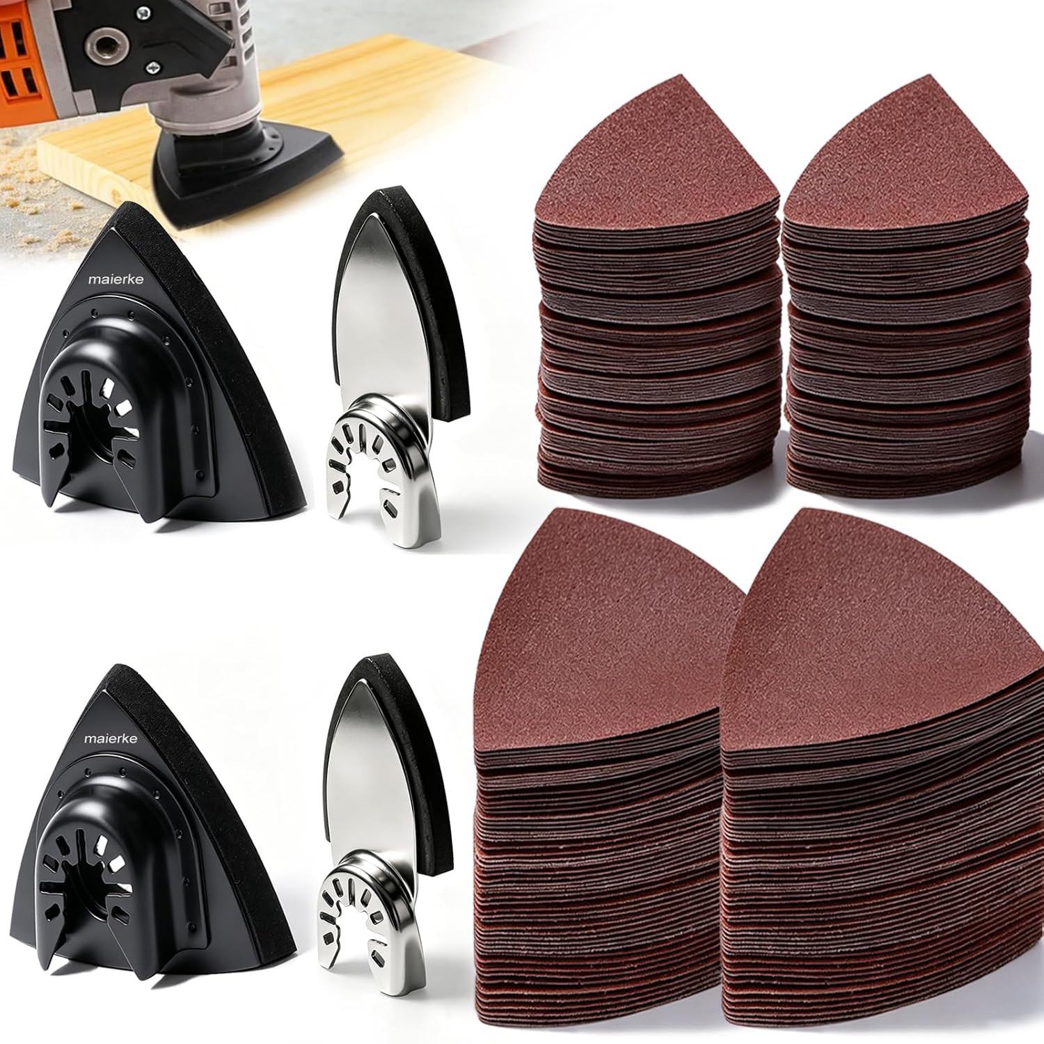 114Pcs Oscillating Tool Sanding Pads Kit 2Pcs Triangle Sanding Pads and 2Pcs Fin