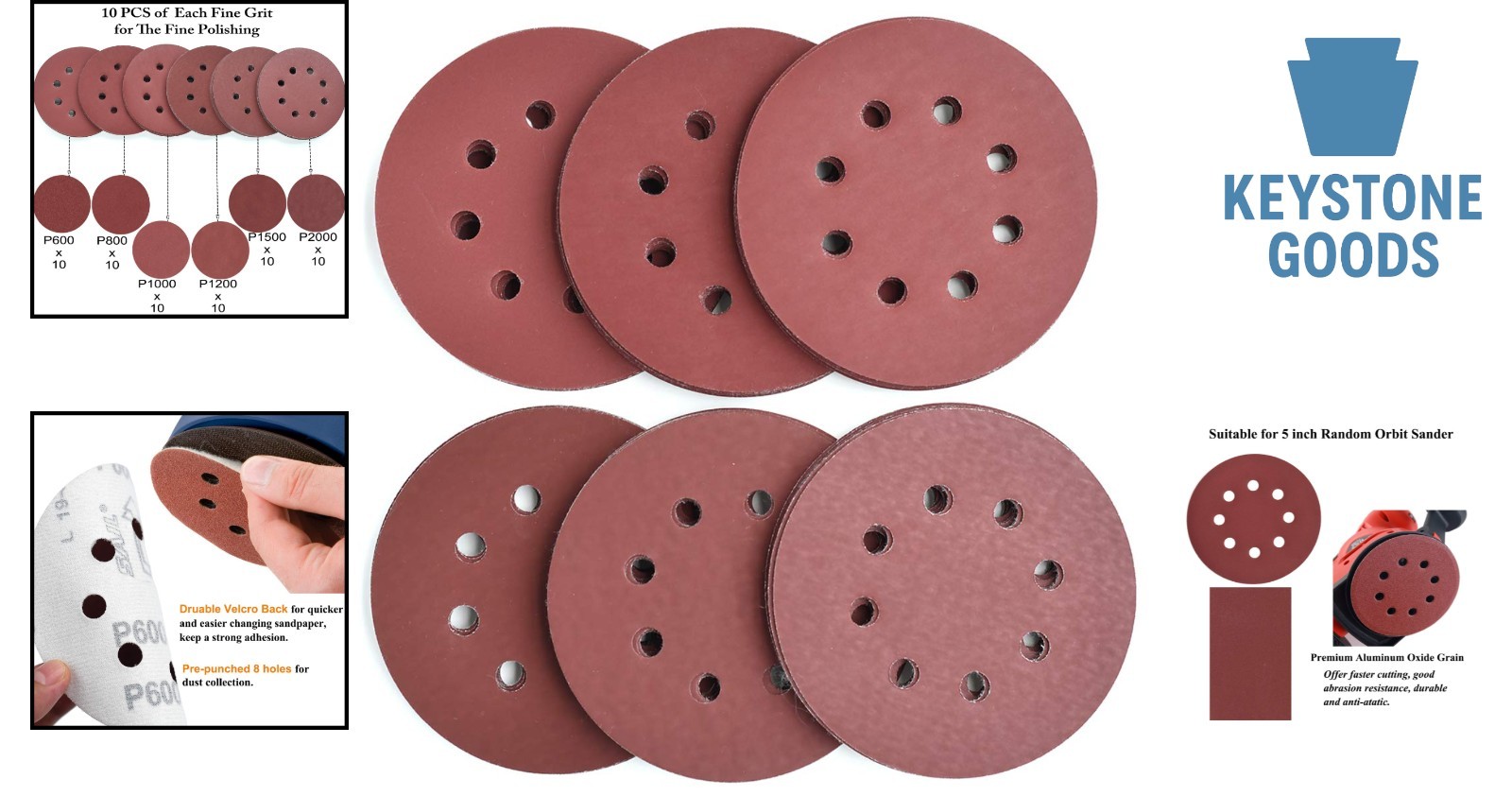 60-Pack 5-Inch Aluminum Oxide Grit Sanding Discs for Random Orbit Sanders