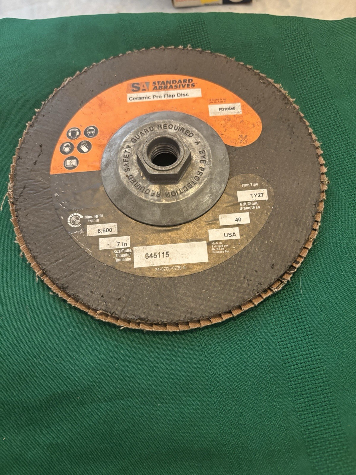 Standard Abrasives Ceramic Flap Disc 8600 RPM 7” 40 Grit TY27 Grinding Wheel.