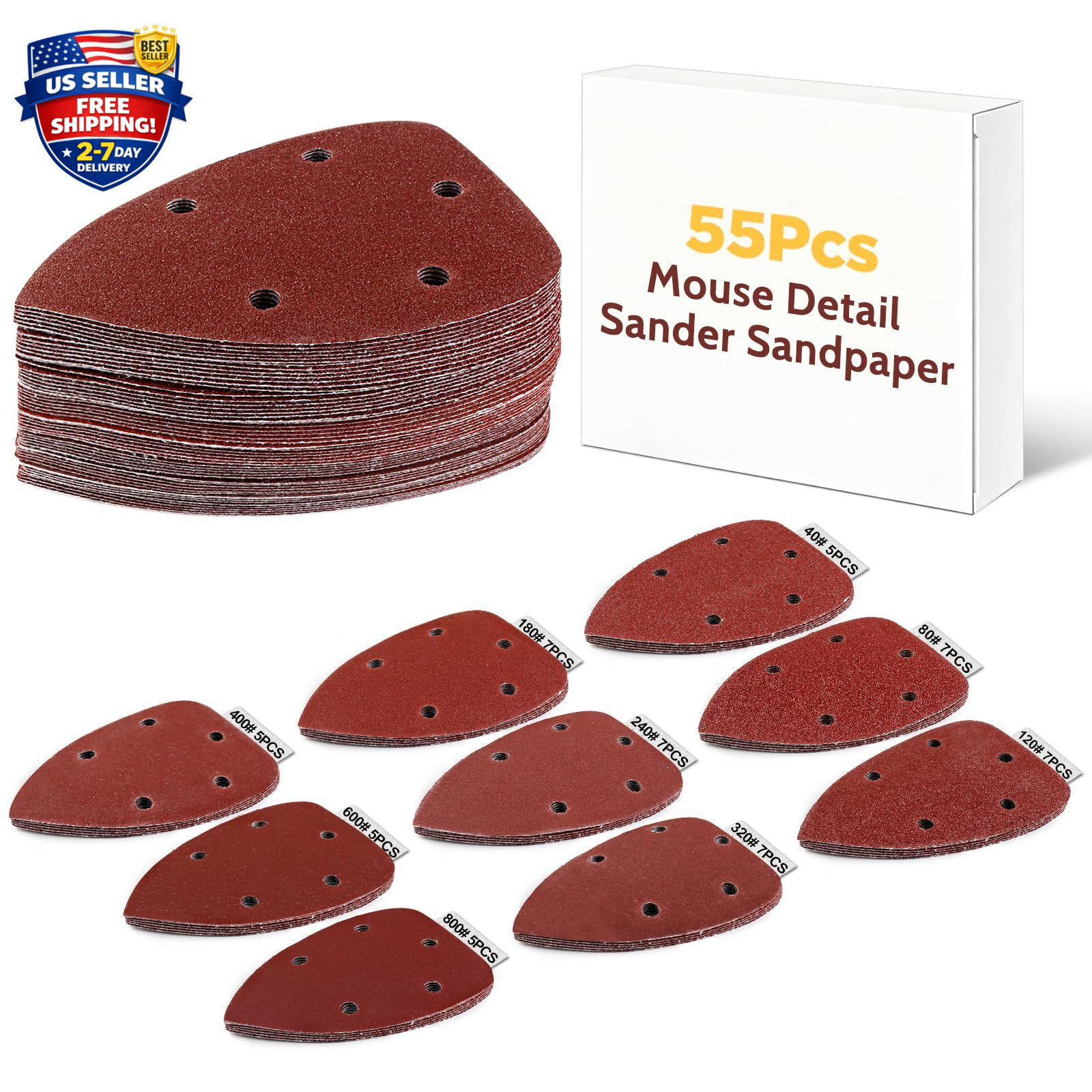 55pcs Mouse Detail Sander Sandpaper Premium Triangle Sanding Pads 9 Grits 40-800