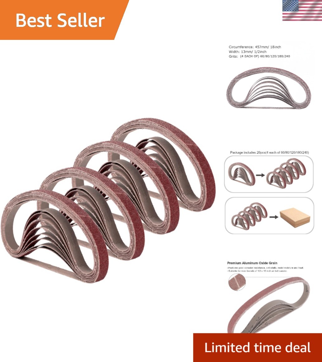 20-Pack 1/2 Inch x 18 Inch Aluminum Oxide Sanding Belts – 5 Grits Available