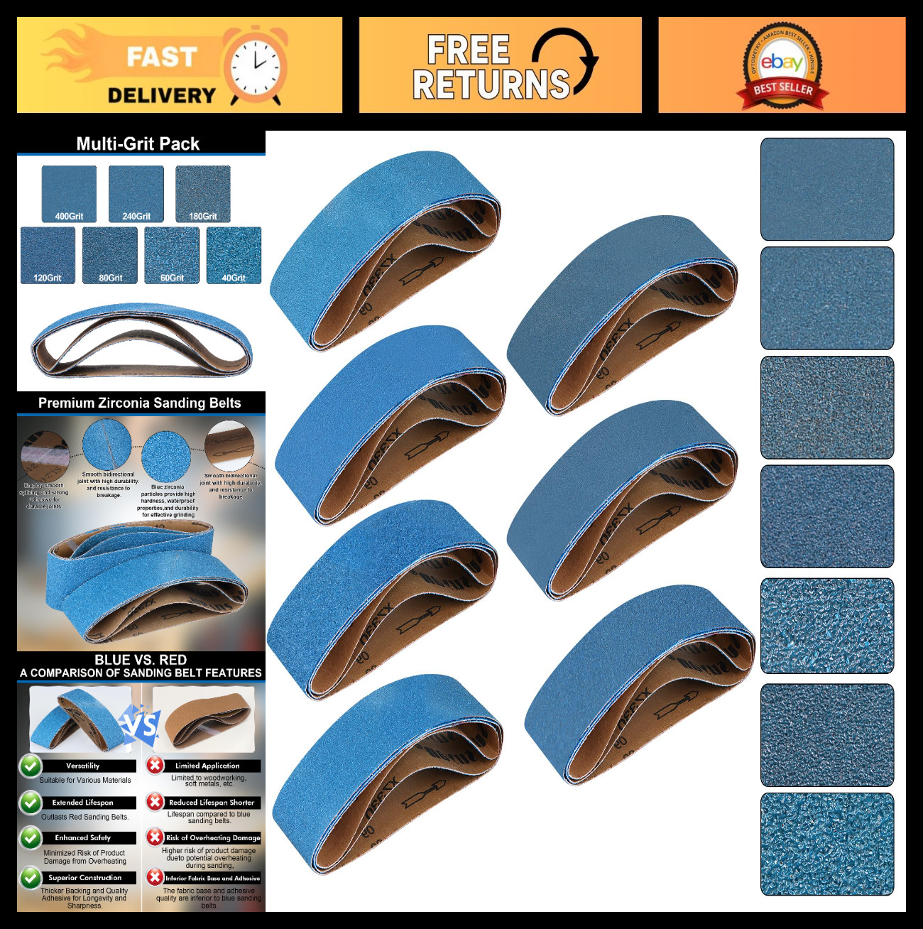 21 Pcs Sanding Belts 3×21 Inch, 7 Grits (40-400) for Wood, Metal, Furniture Poli
