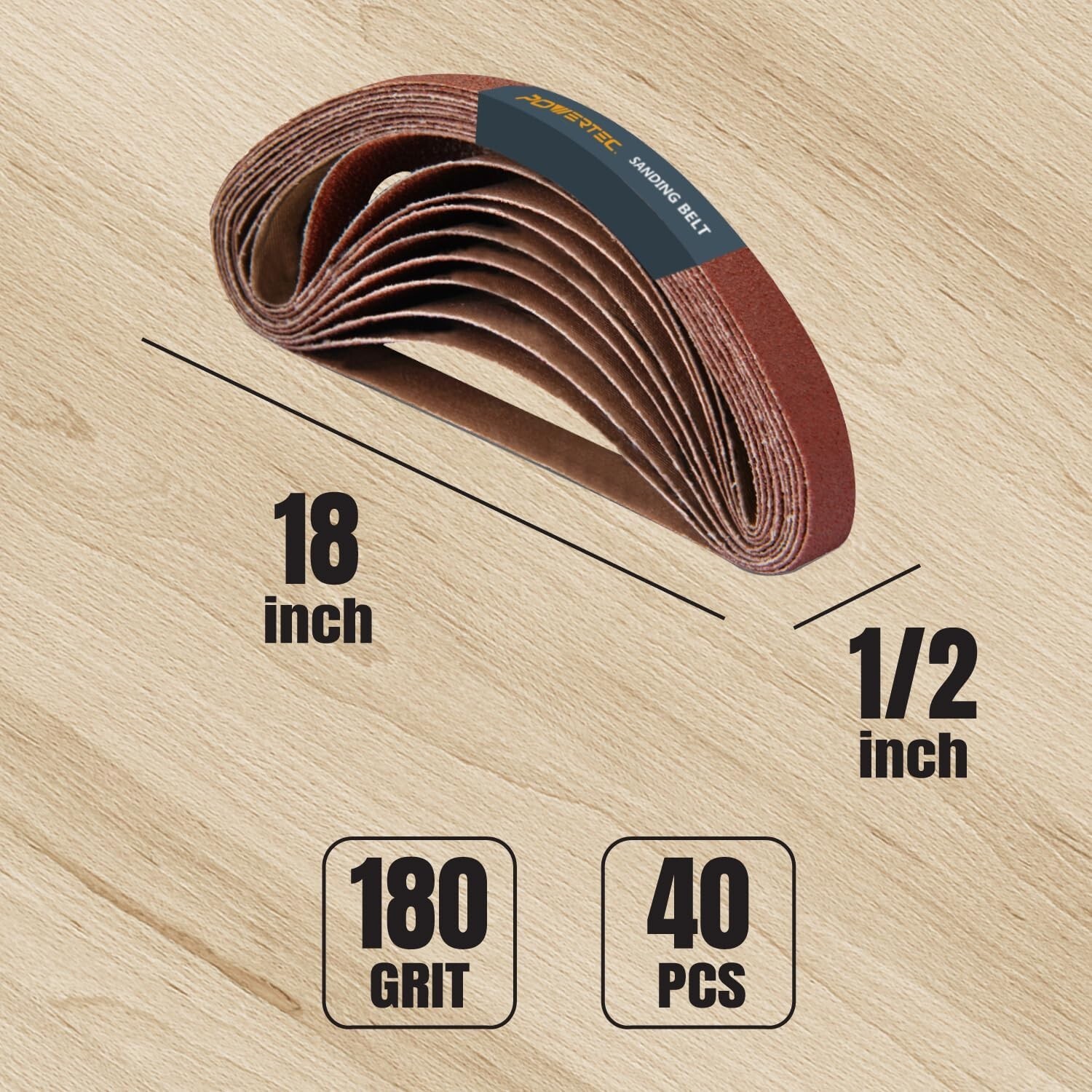 POWERTEC 401818-P2 1/2 x 18 Inch Sanding Belts, 180 Grit AO Belt – 40PK