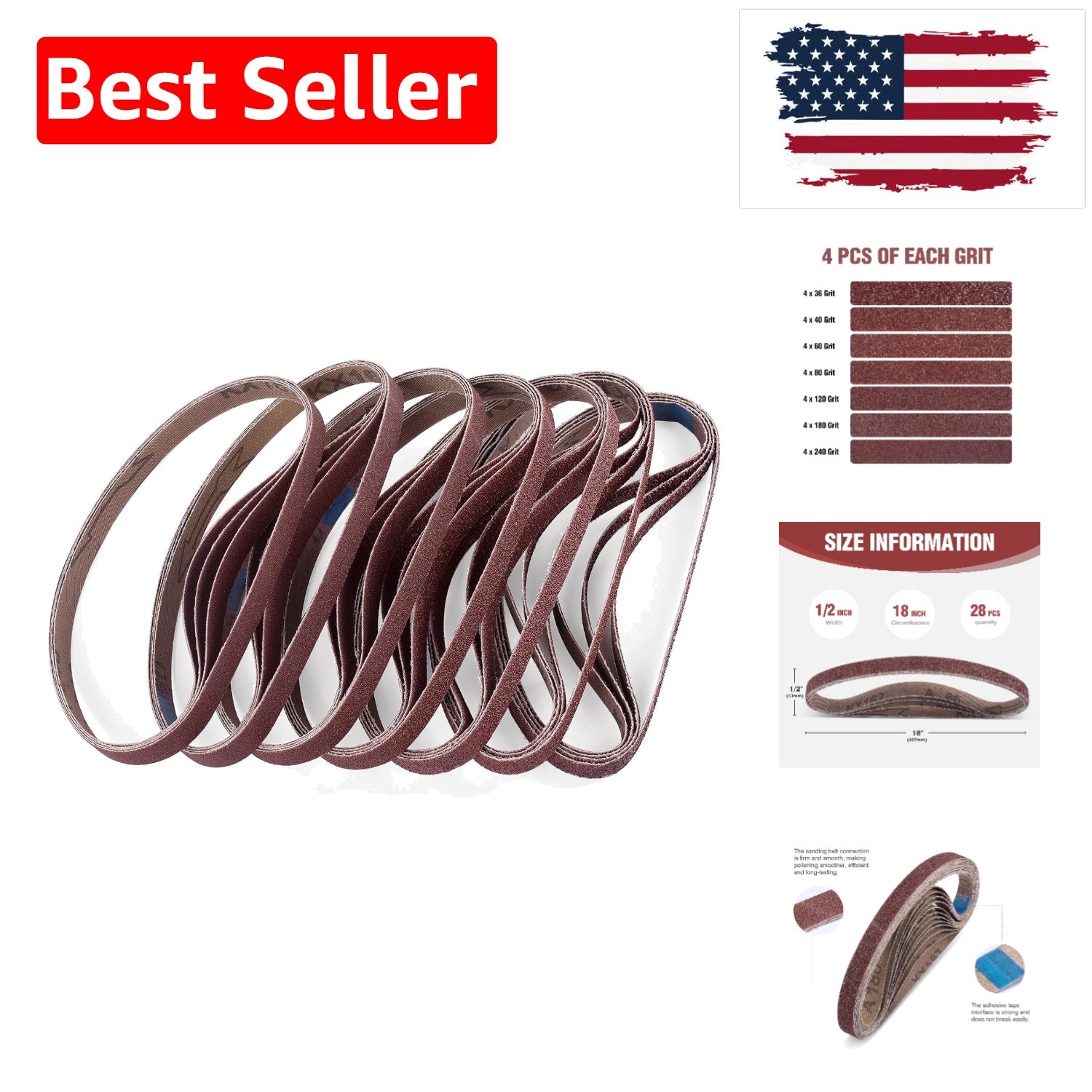 1/2×18 Inch Sanding Belts 28 Pcs 4 each of 36/40/60/80/120/180/240 Assorted G…
