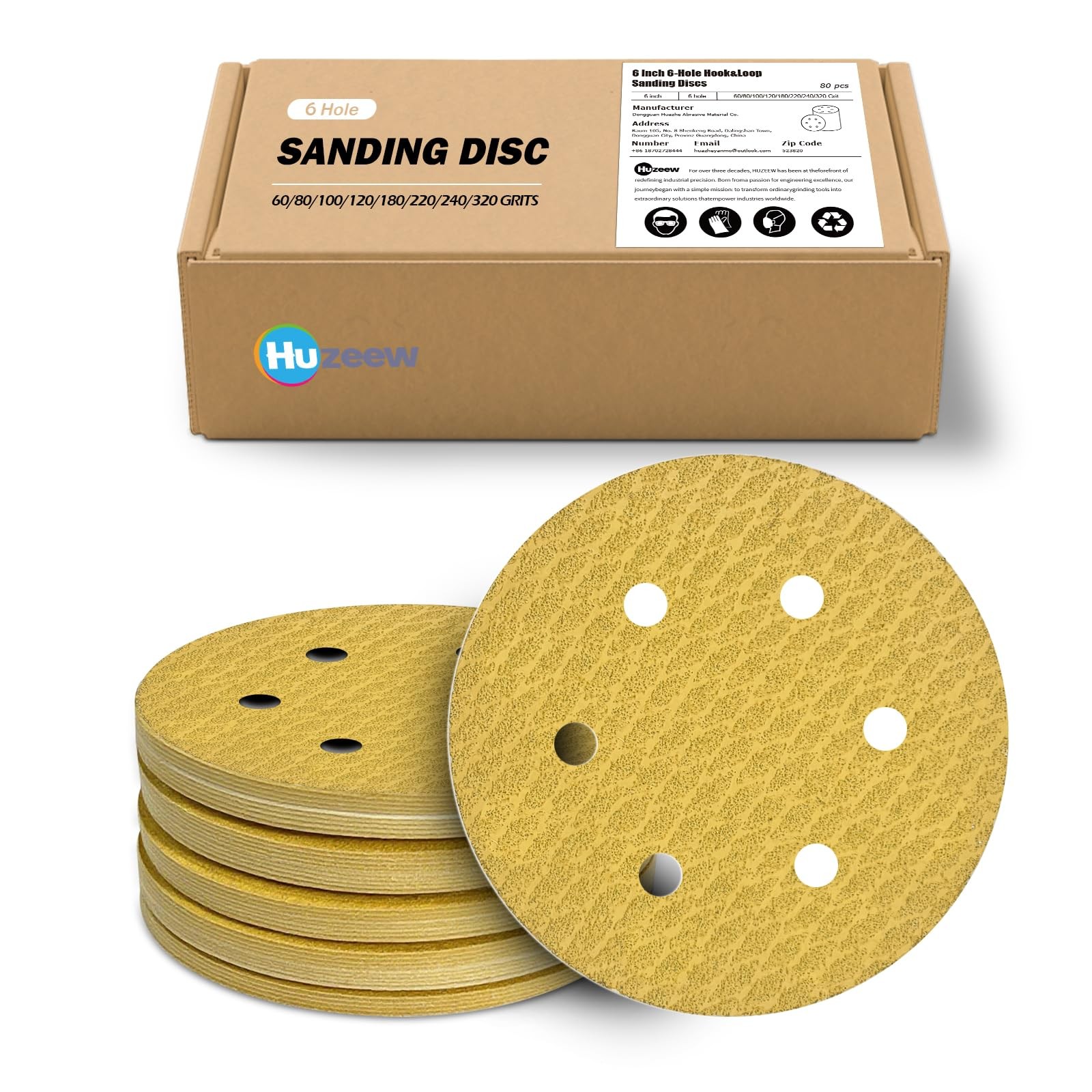 Huzeew 60Pcs 6 Inch 6-Hole Hook&Loop Sanding Discs, 60 Grit Diamond Yellow Sa…