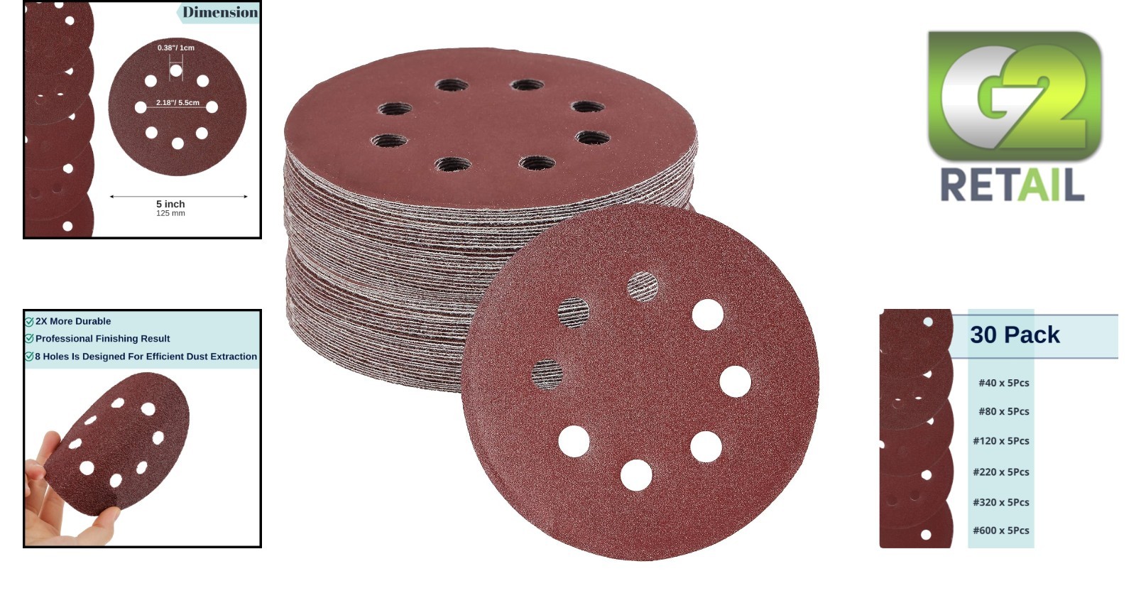 High-Quality 5 Inch Sandpaper Discs – 30 Pack with 40-600 Grits for Versatility