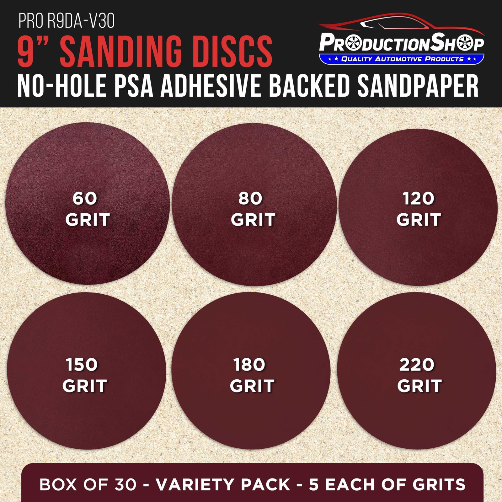 9in PSA Sanding Discs 30 Pack 60-220 Grit Sticky Back Sandpaper Variety