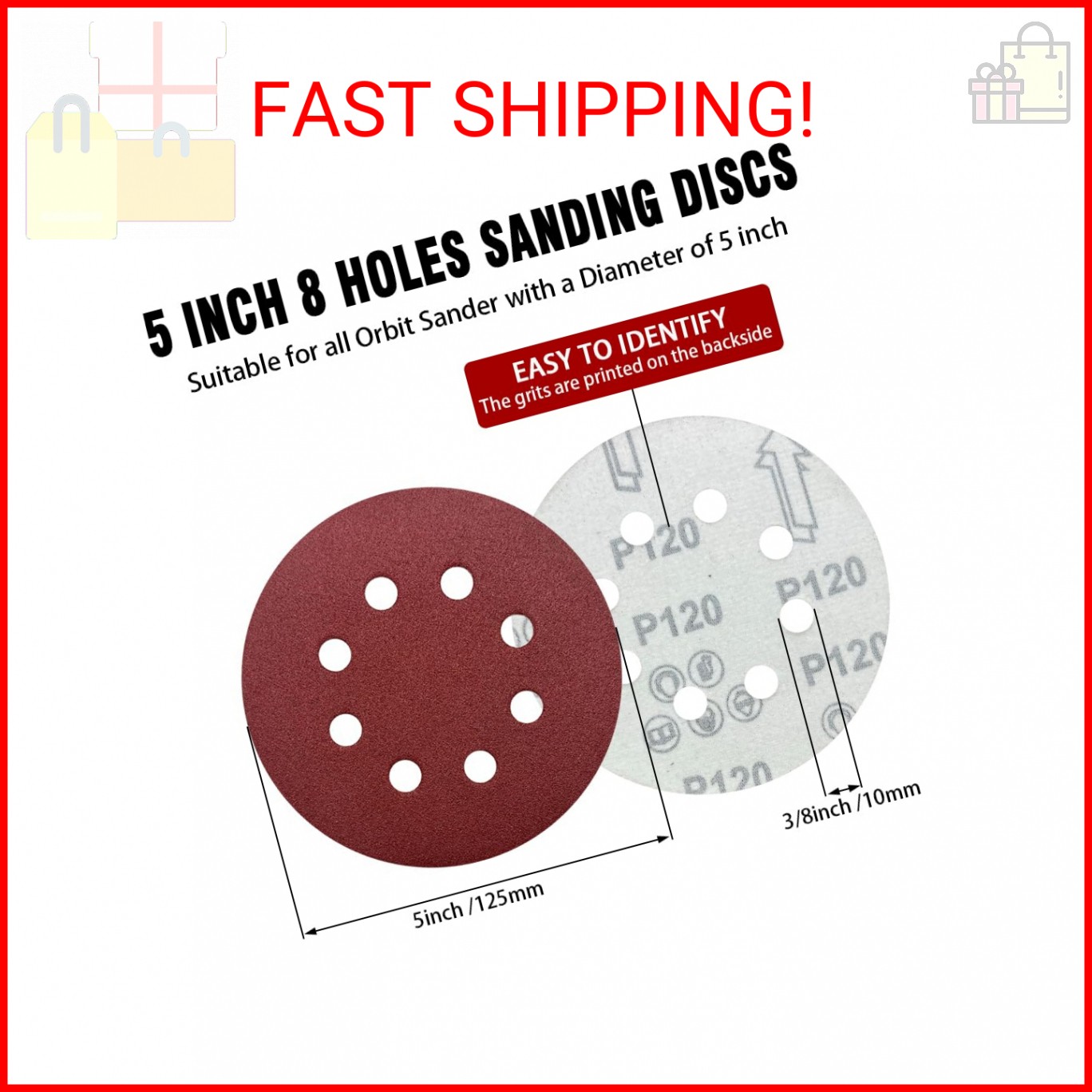 52 Pack 5 Inch 8-Hole Hook and Loop Sanding Discs Sandpaper Red Round 60 80 120