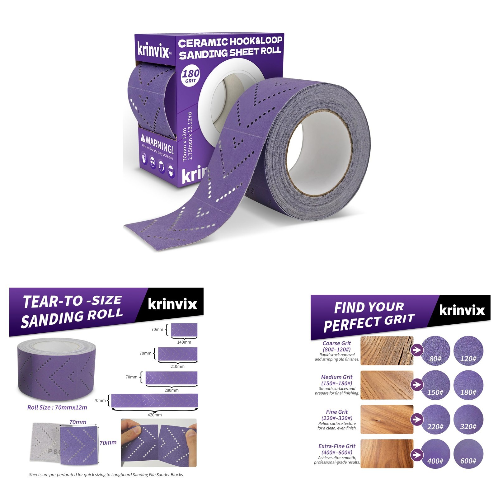 180 Grit Purple Hook and Loop Sandpaper Roll, Ceramic Abrasive, 70mm x 12m