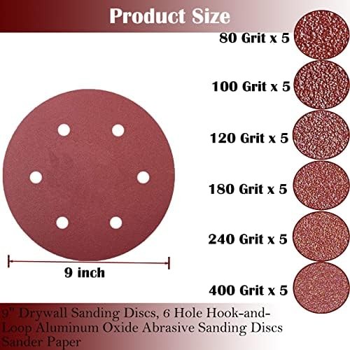 30 PCS 9 Inch 6 Hole Drywall Sanding Discs Set- 80 100 120 180 240 400 Grits, 9″