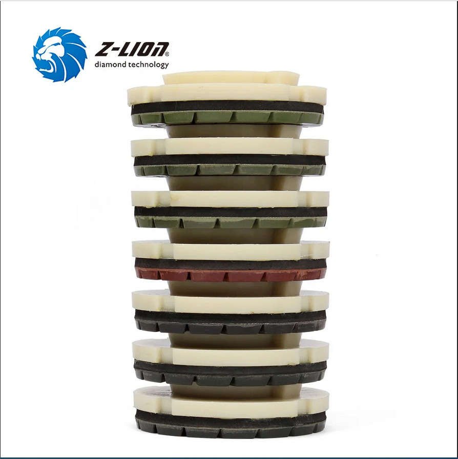 4” 7 pcs/set Worm Lock Edge Polishing Pads Resin Bonded Diamond Polishing Wheels