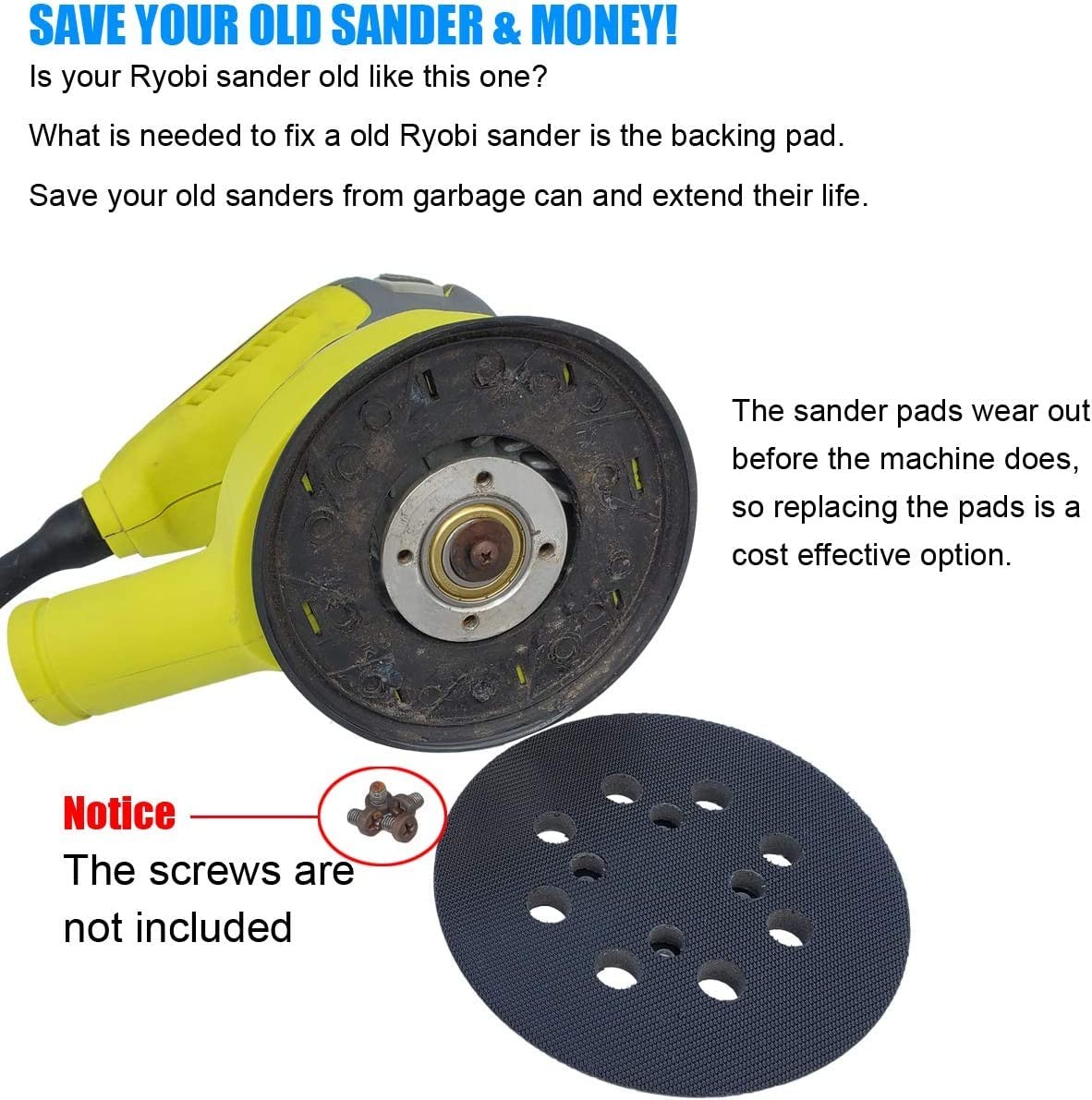 2 Pack 5″ Hook and Loop Replacement Sander Pad for Ryobi RS290, RS241, RS240,