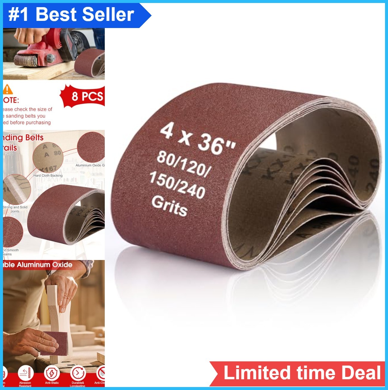 8 Pcs 3×21 Belt Sander Paper 80 120 150 240 Grit Aluminum Oxide for Woodworking