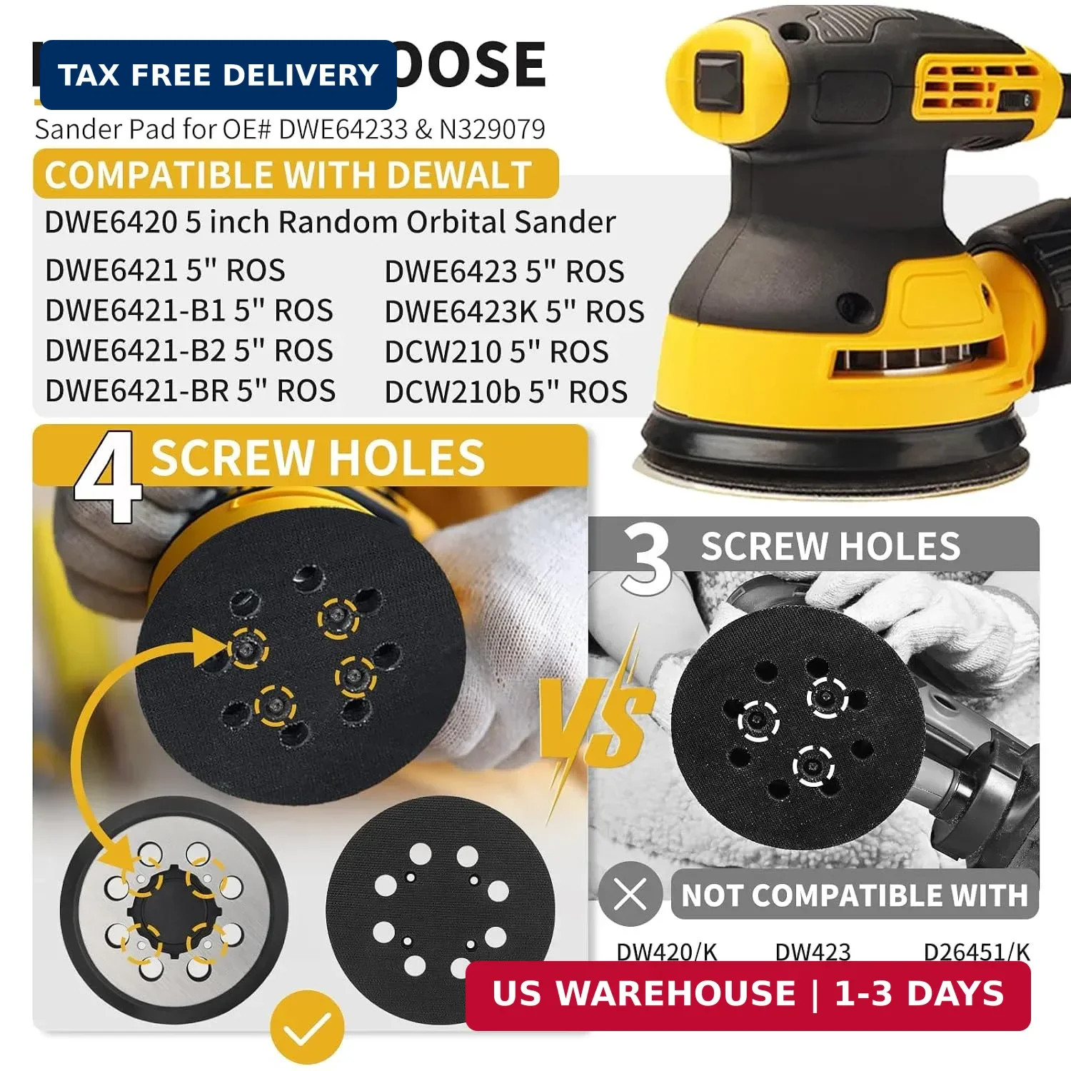 5 Inch 8 Holes Hook Loop Orbital Sander Metal Pad Replacement for DeWalt DWE6423