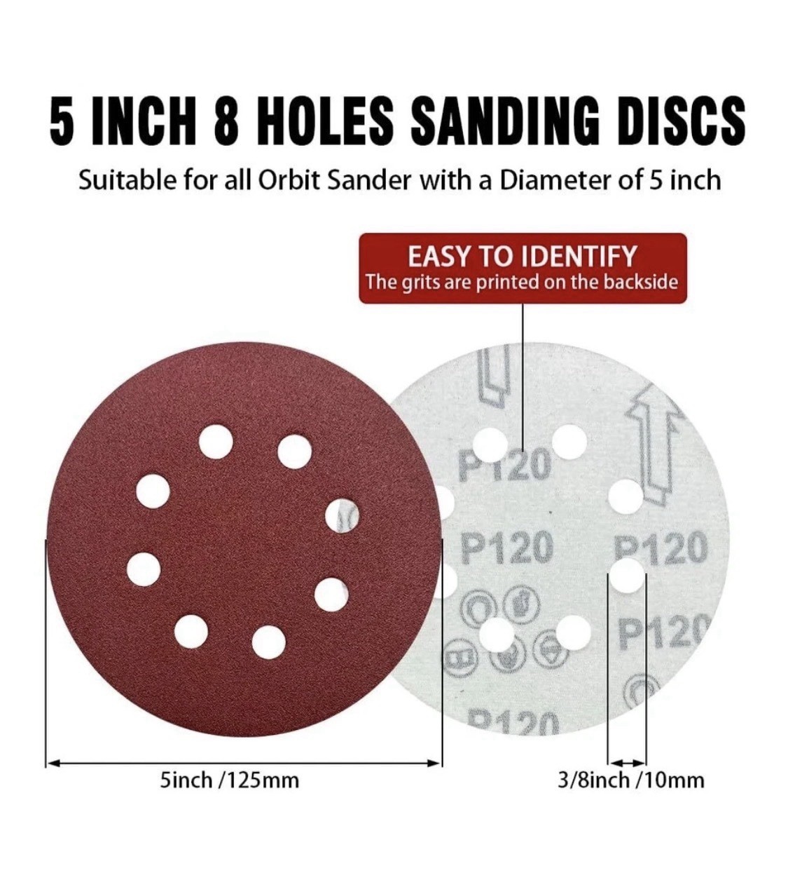 52 Pack 5 Inch 8-Hole Hook and Sanding Discs Sandpaper Red Round 60 80 120 220 3