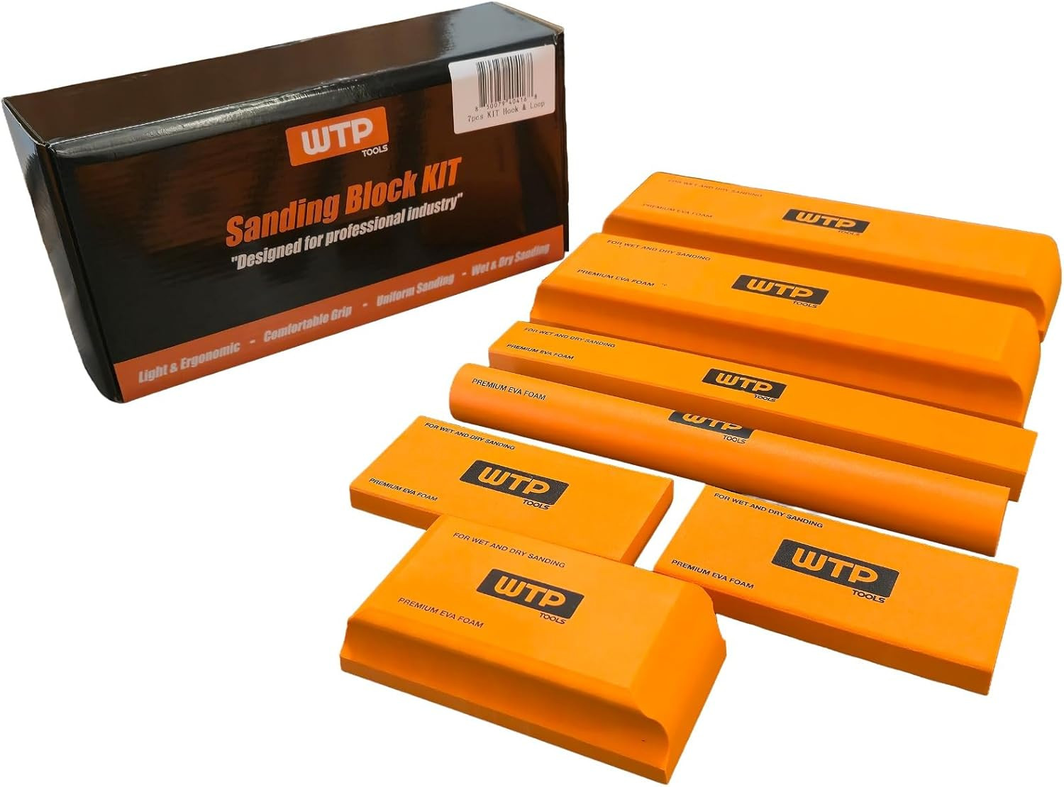 Professional Sanding Block Kit, 7 Piece Orange EVA Foam Set, Hook and Loop Surfa