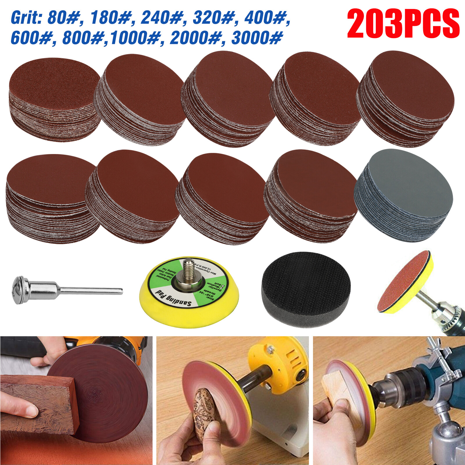 100-303Pcs 2″ Sanding Disc Hook Loop Sander Paper Backer Pad + Drill Adapter Kit