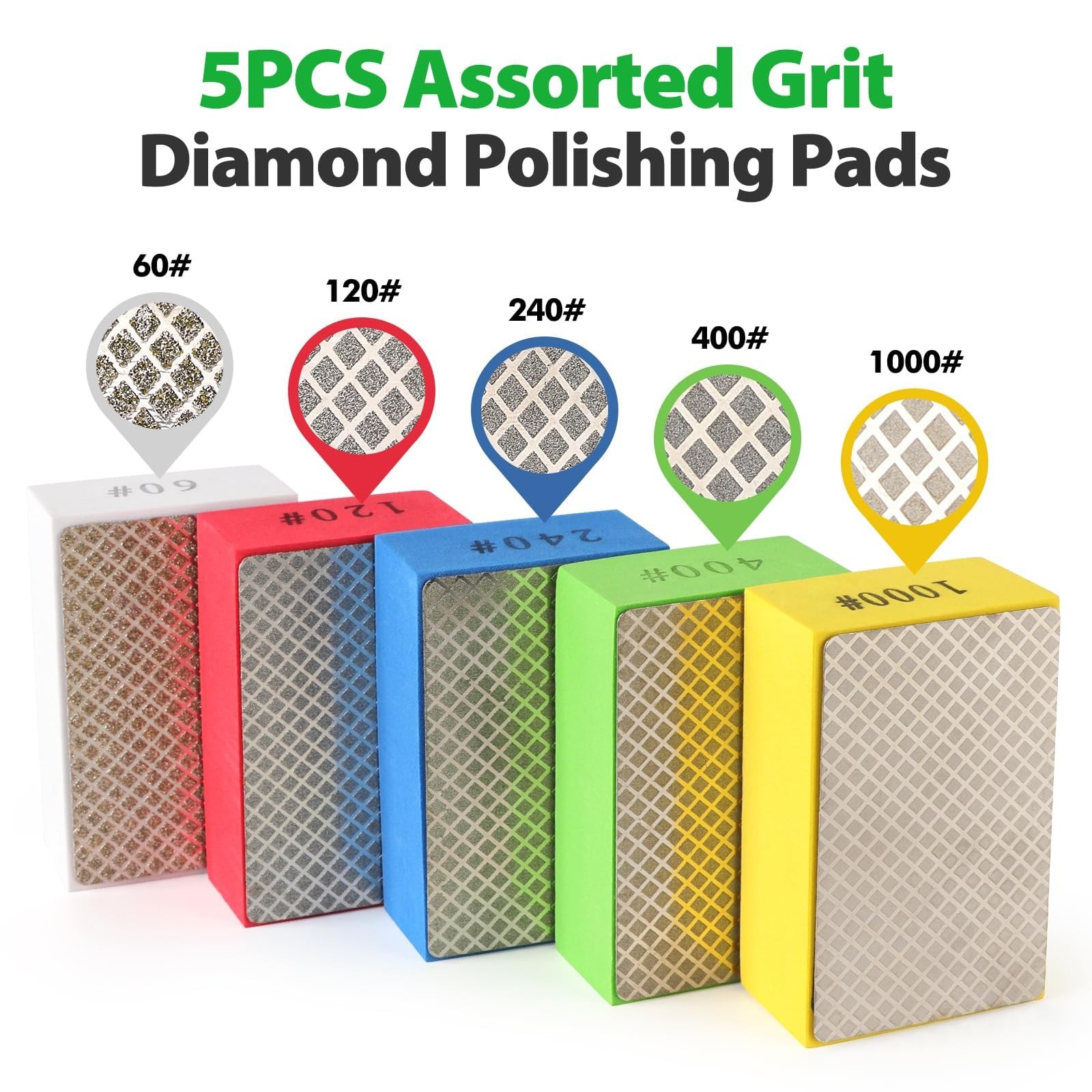 Diamond Hand Polishing Pads, 5PCS Diamond Sanding Pads 60/120/240/400/1000 Gr…