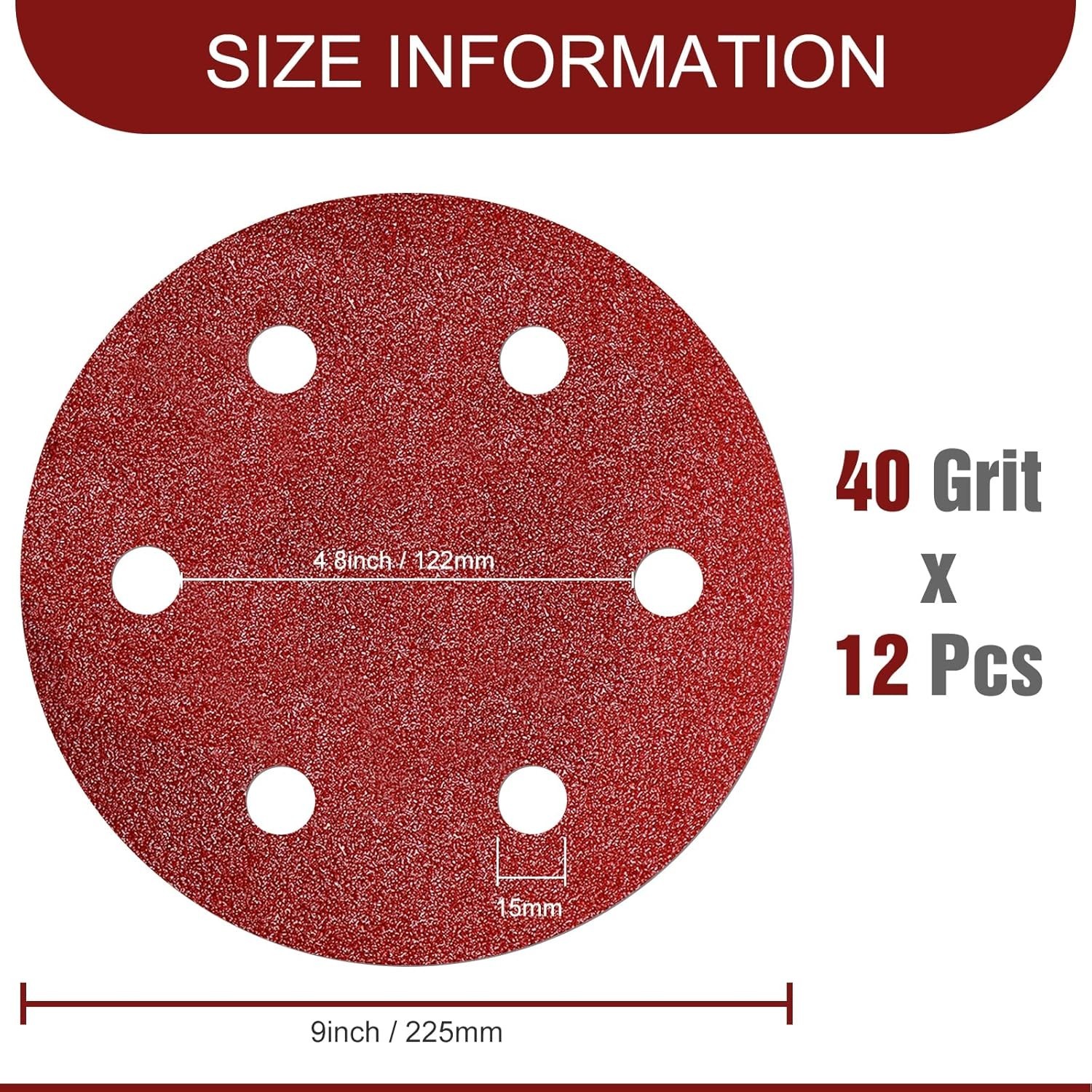 9 Inch 6 Hole Sanding Discs 40 Grit Hook and Loop for Drywall Sander 12PCS