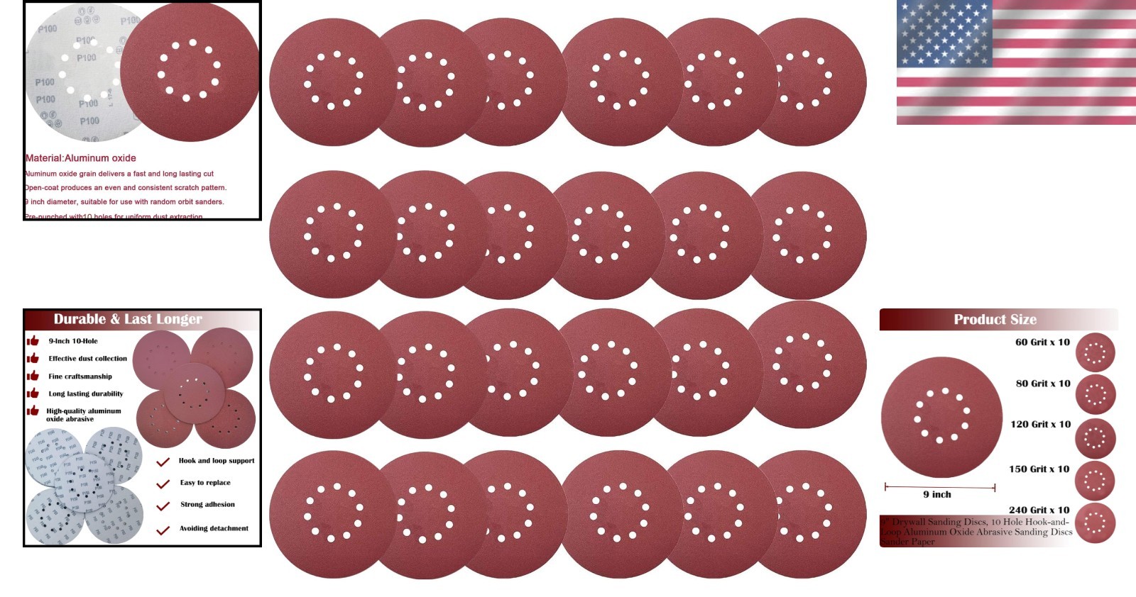 Sandpaper Discs 9 Inch 50 PCS Hook and Loop Grits for Drywall Sander