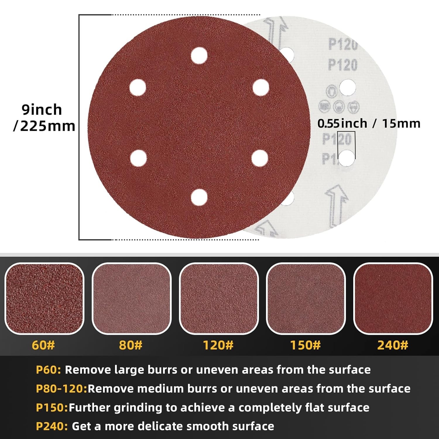 50pcs 9 inch 6 Hole Sanding Discs Set -10 Each of 60 80 120 150 240 Grits, 9″…