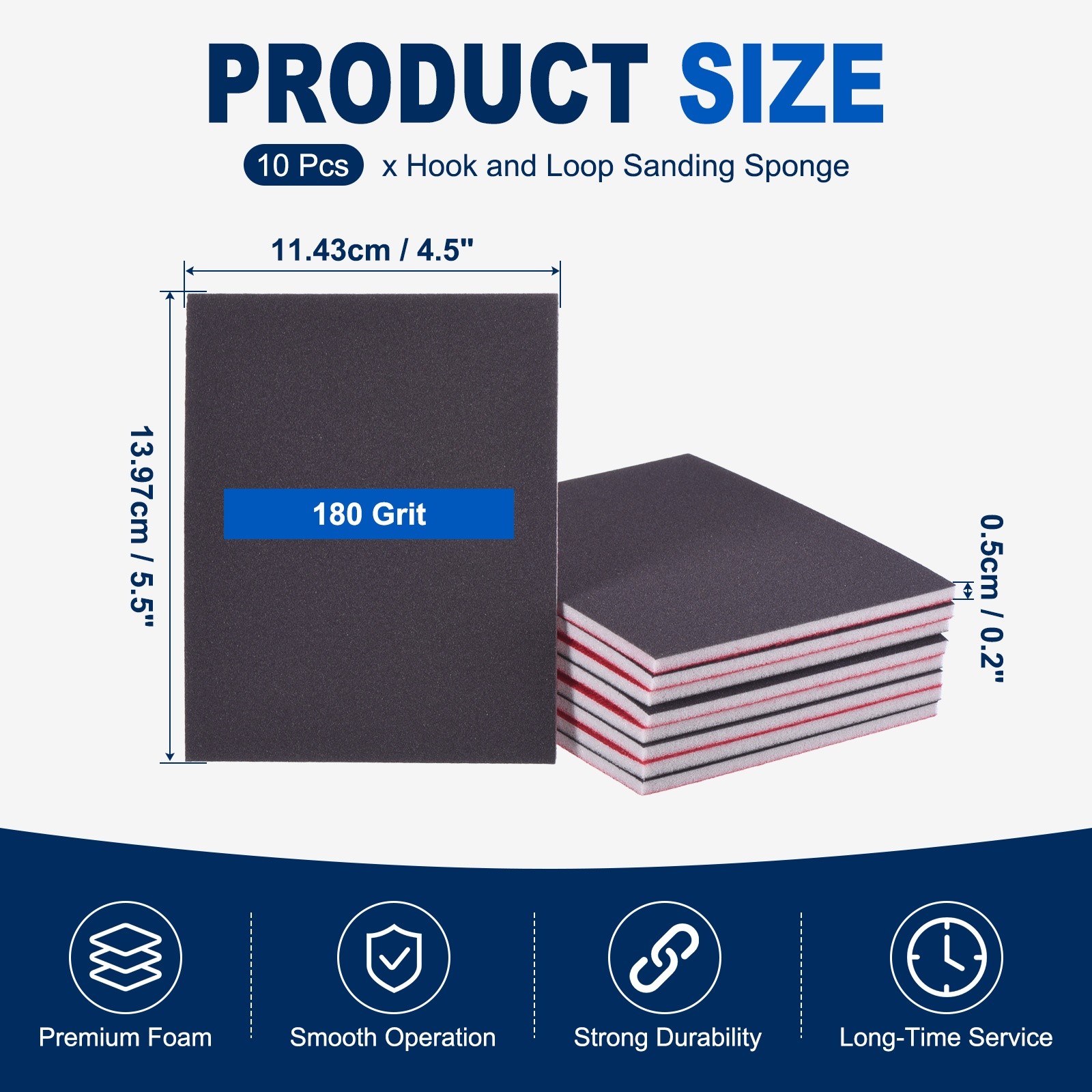 10 Pcs 180 Grit 5.5 x 4.5 Inch Hook & Loop Foam Sanding Blocks, Black
