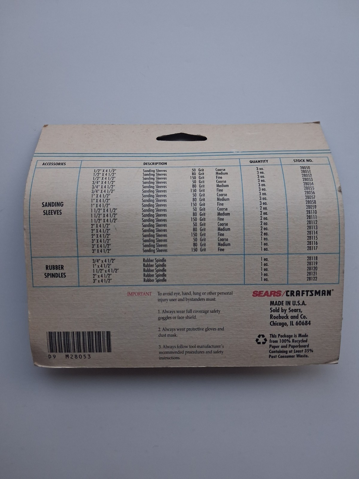 New In Package Sears Craftsman 3/4 X 4-1/2 Sanding Sleeves 50 Grit Coarse