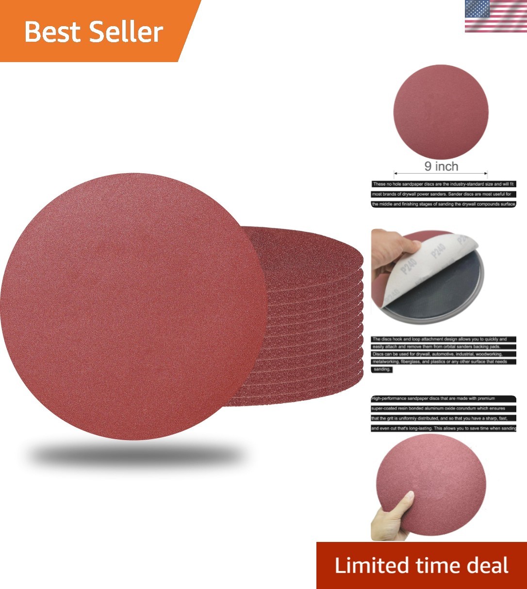 10 PCS 9 Inch 240 Grit Sanding Discs for Hand Radial Sander – 9″ Round Hook &…
