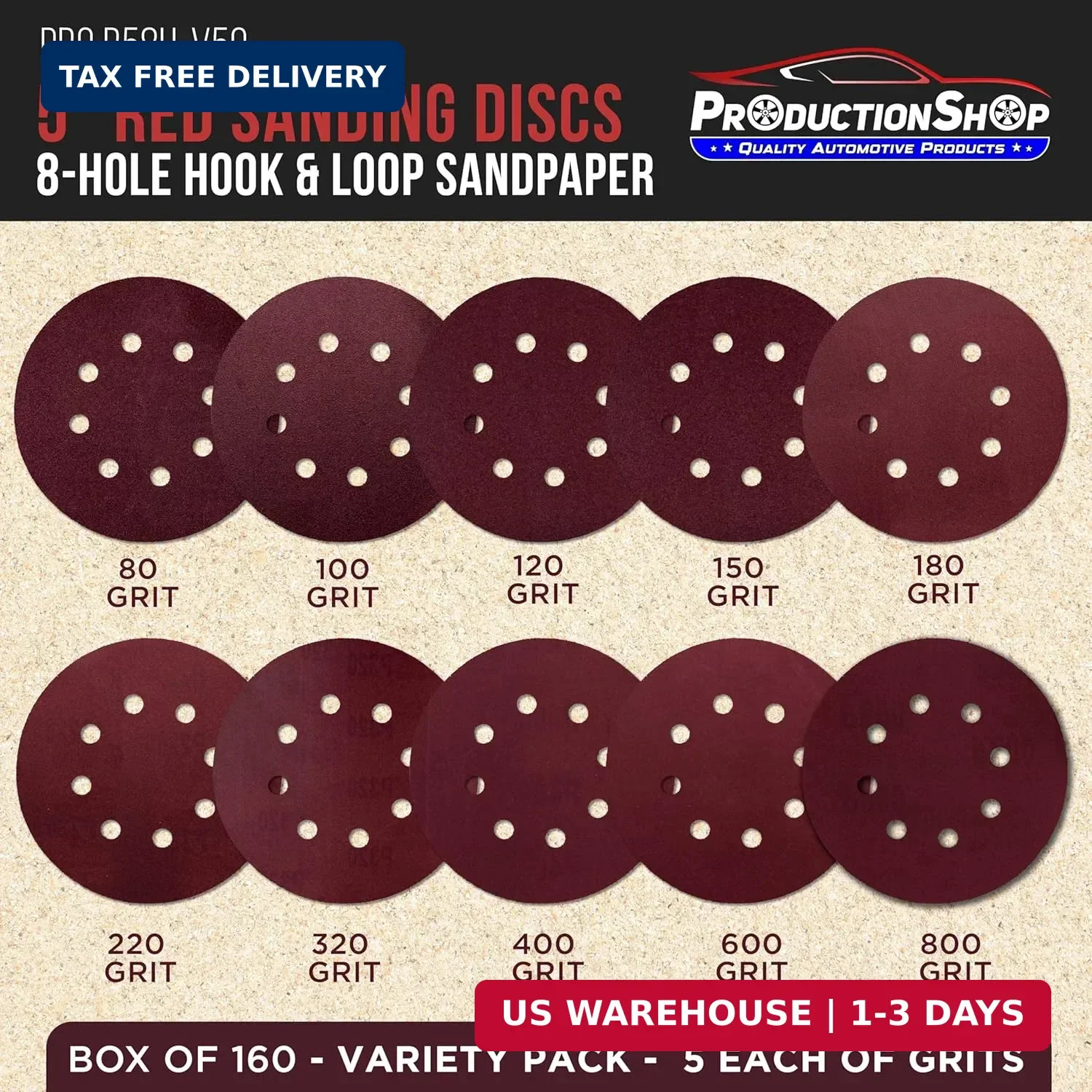 ProductionShop 5″ Red 8-Hole Pattern Sanding Discs, 50 Disc Variety Pack, Grits