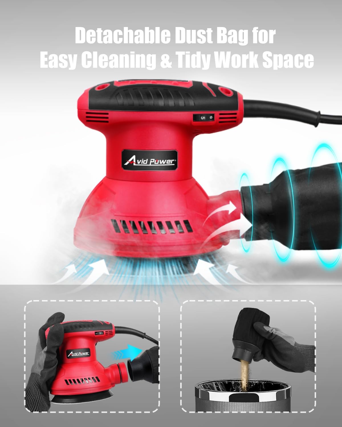 AVID POWER Orbital Sander 3.0 Amp 5 Inch Electric Sander Tool 6 Variable Speeds