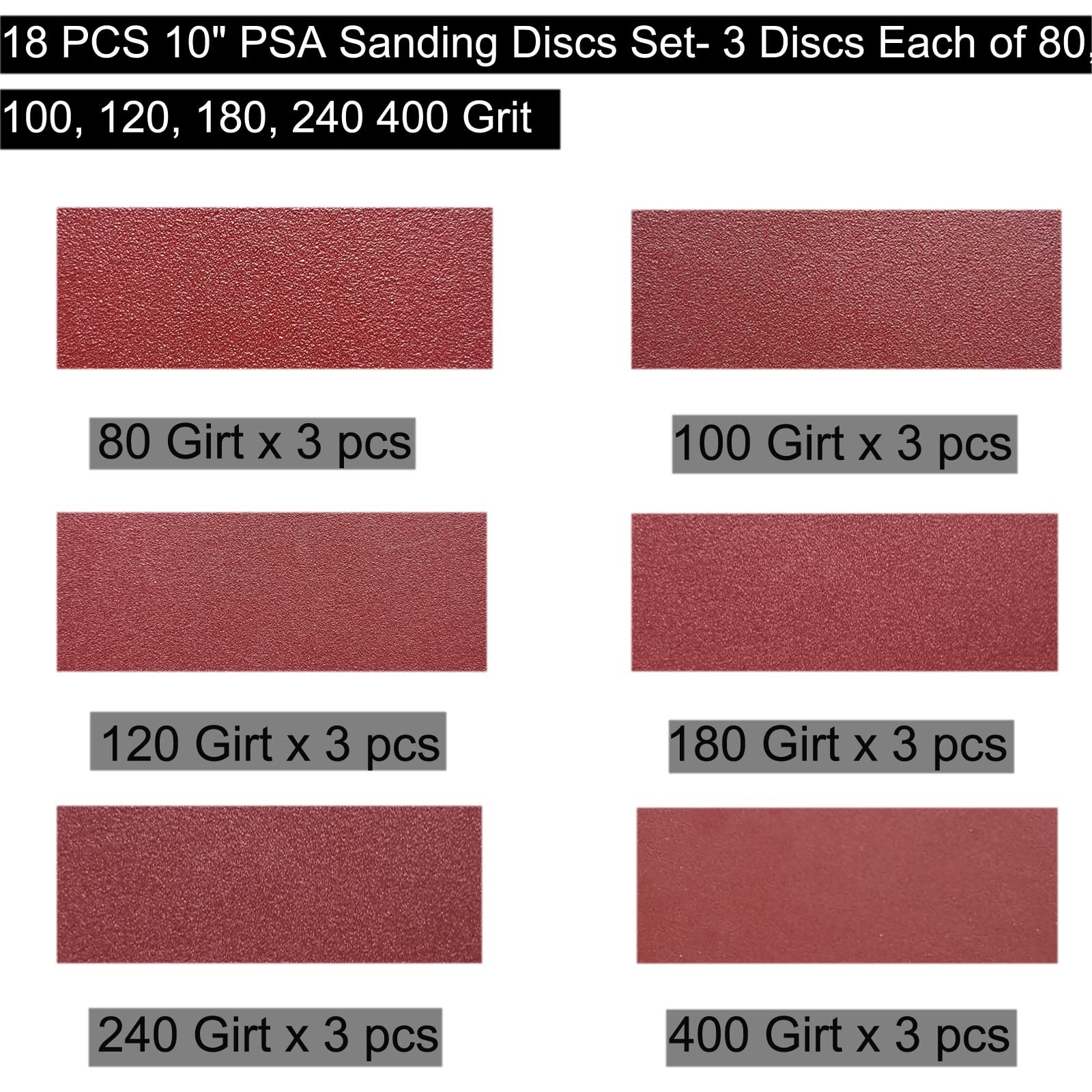 18 PCS 10 Inch PSA Sanding Discs Set – 80, 100, 120, 180, 240 400 10 inch