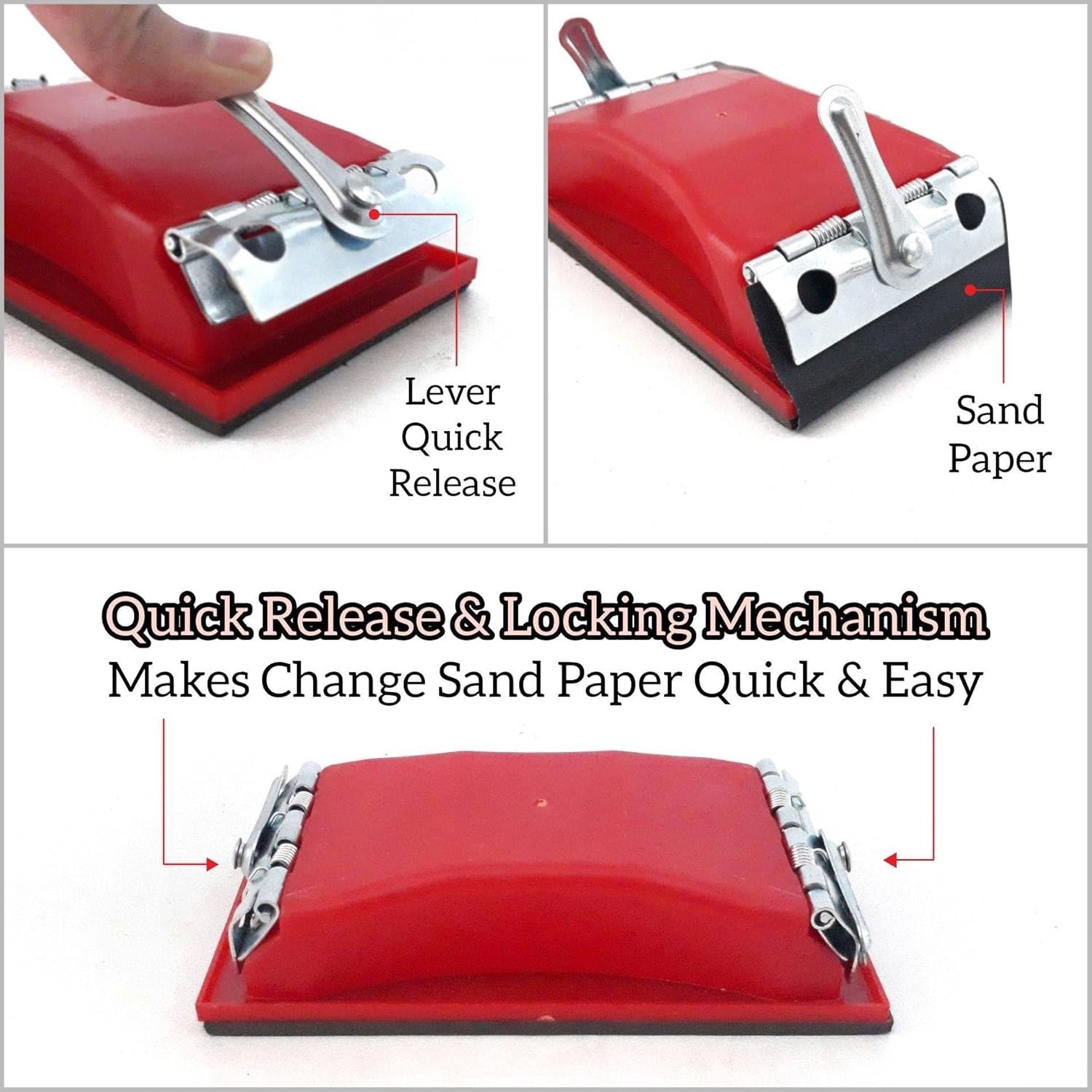 Durable hand sanding block with secure clip-on sandpaper holder.