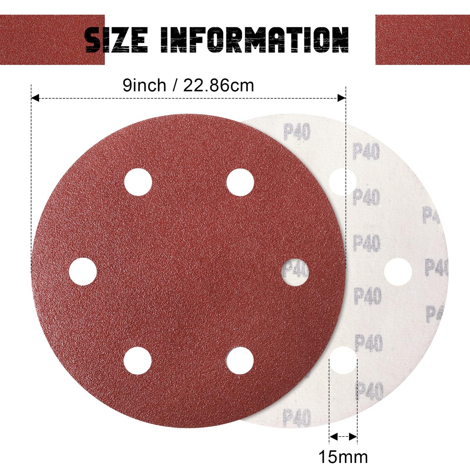 Sanding Discs 9 Inch 6 Hole Hook Loop 40 Grit Aluminum Oxide 15pk For Sanders