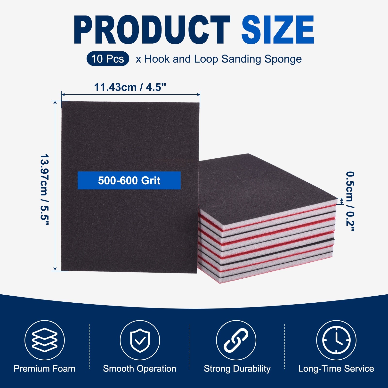 10 Pcs 500-600 Grit 5.5 x 4.5 Inch Hook & Loop Foam Sanding Blocks, Black