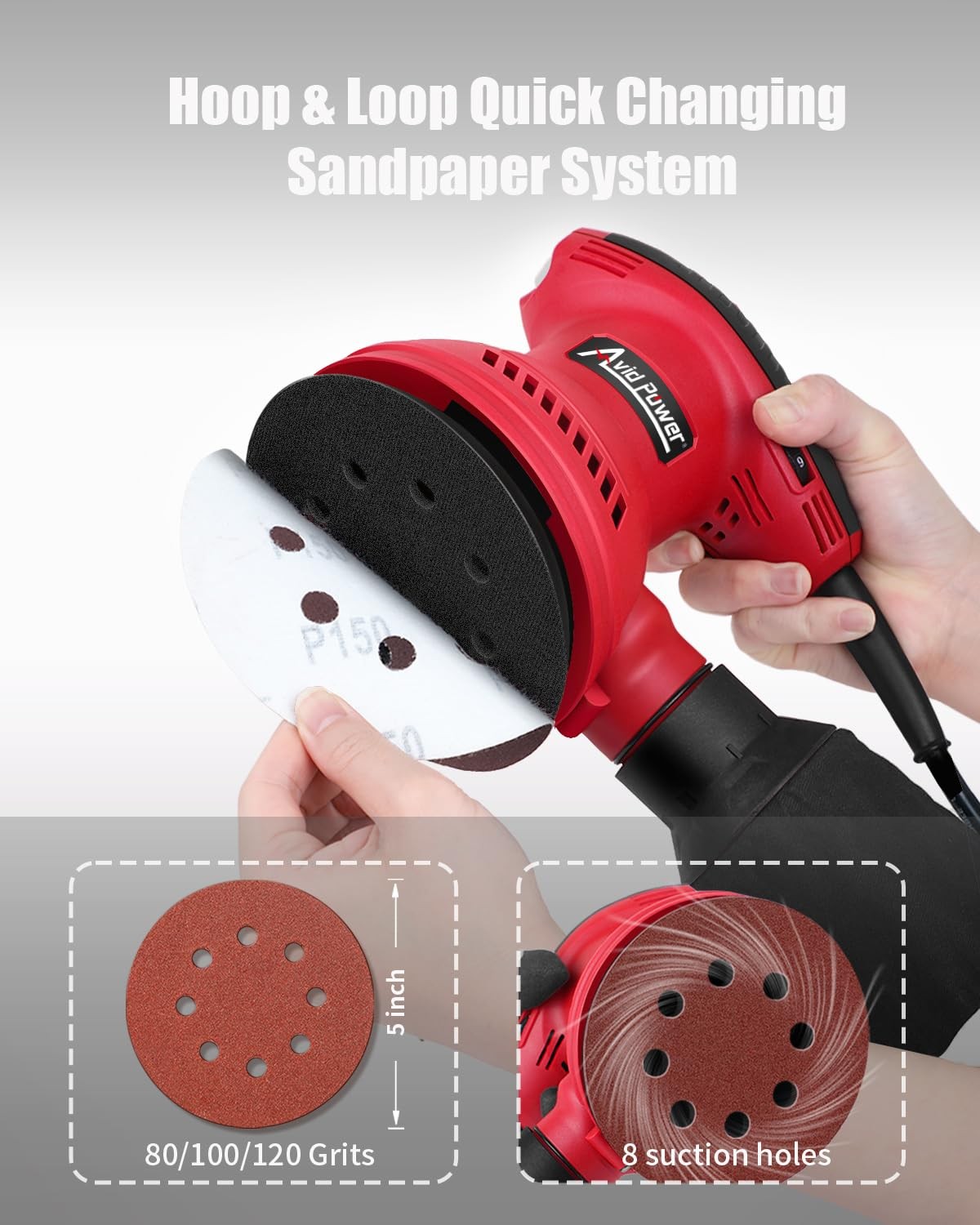 AVID POWER Orbital Sander 3.0 Amp 5 Inch Electric Sander Tool 6 Variable Speeds