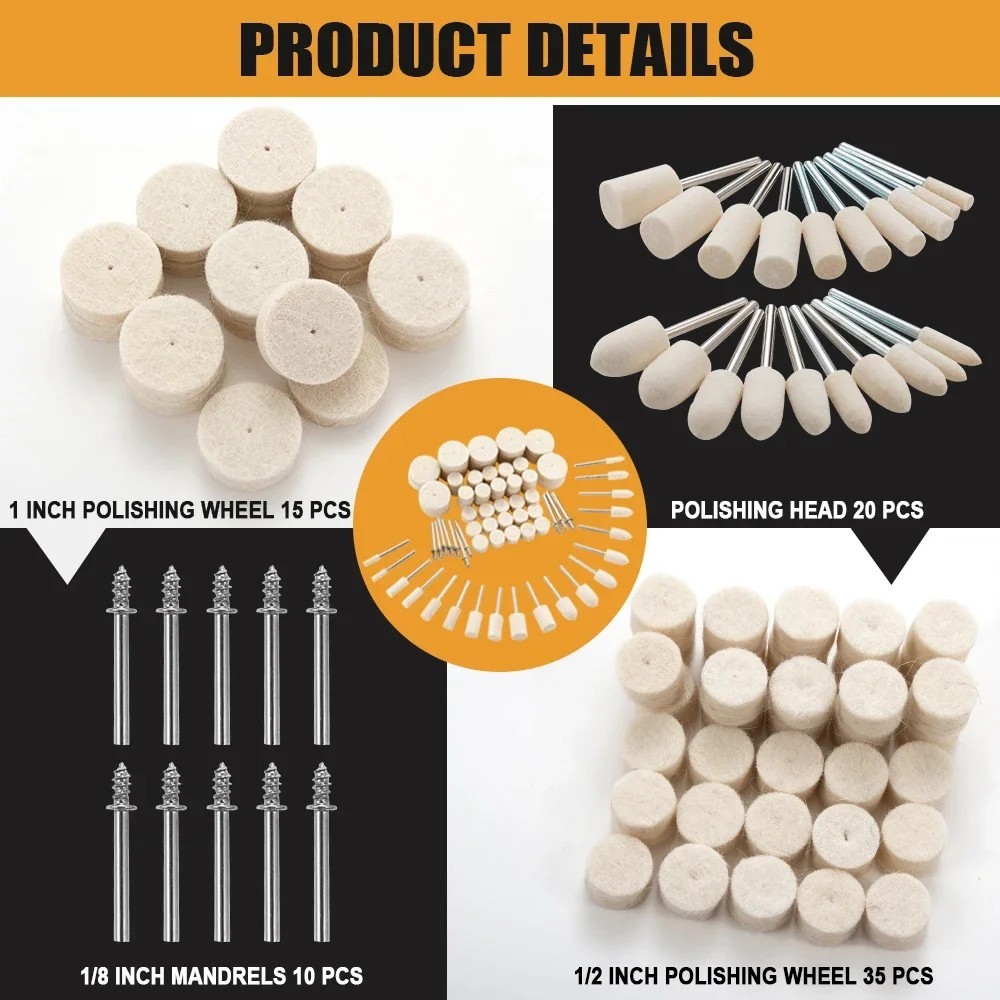 80PCS Wool Polishing Wheels for Dremel, 1/8″ Shank Felt Buffing Pads Kit, Jewelr