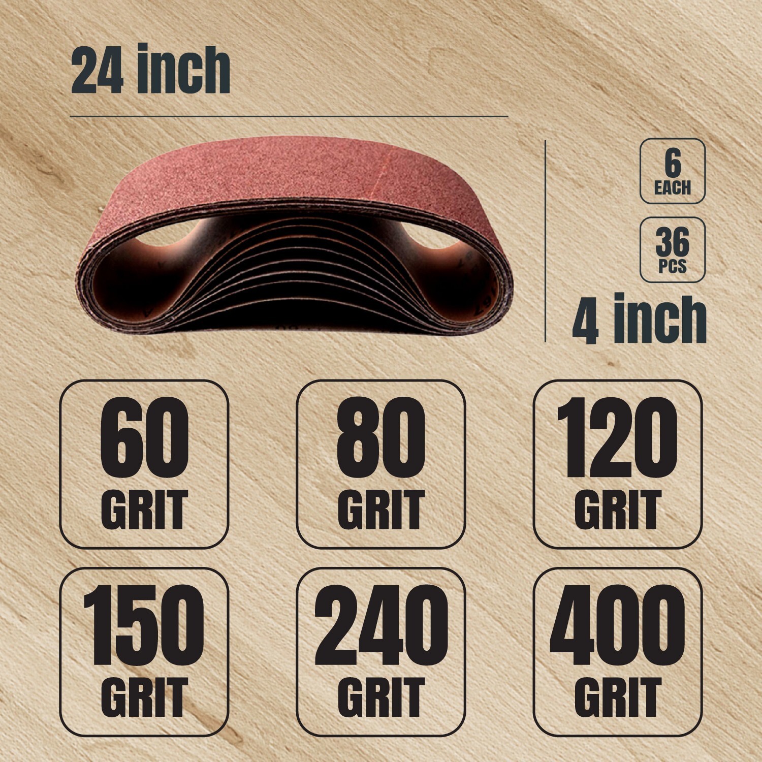 POWERTEC 36 pcs 4 x 24″ A/O Sanding Belt Assortment (60,80,120,150,240,400 Grit)