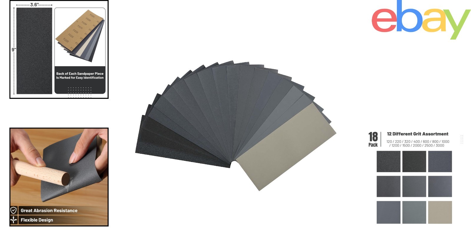 18 Pack Assorted Sandpaper Grits for Wood, Metal, Automotive & Furniture