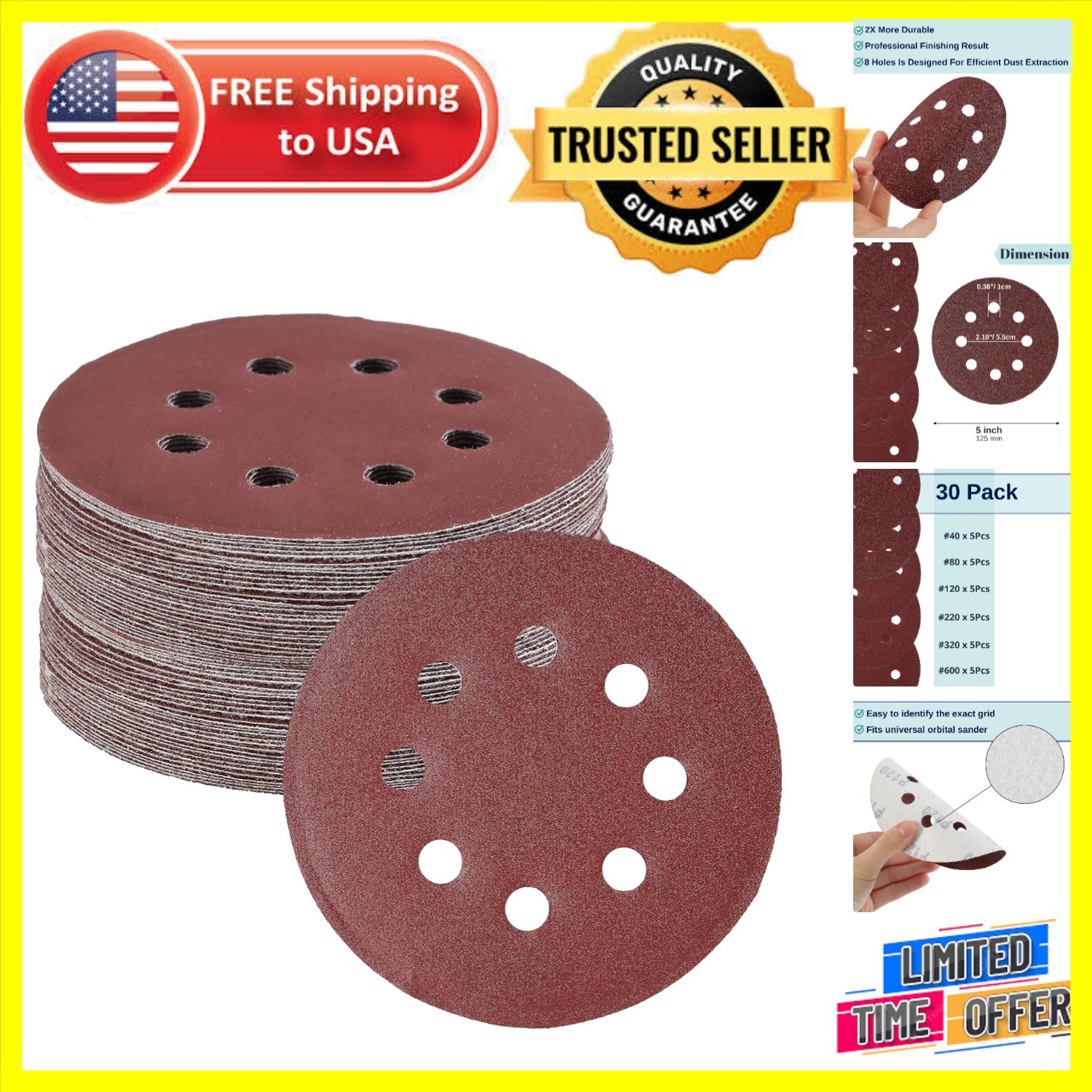 Ultimate 30-Pack 5 Inch Sandpaper Discs – Perfect for Wood, Metal, and Plastic