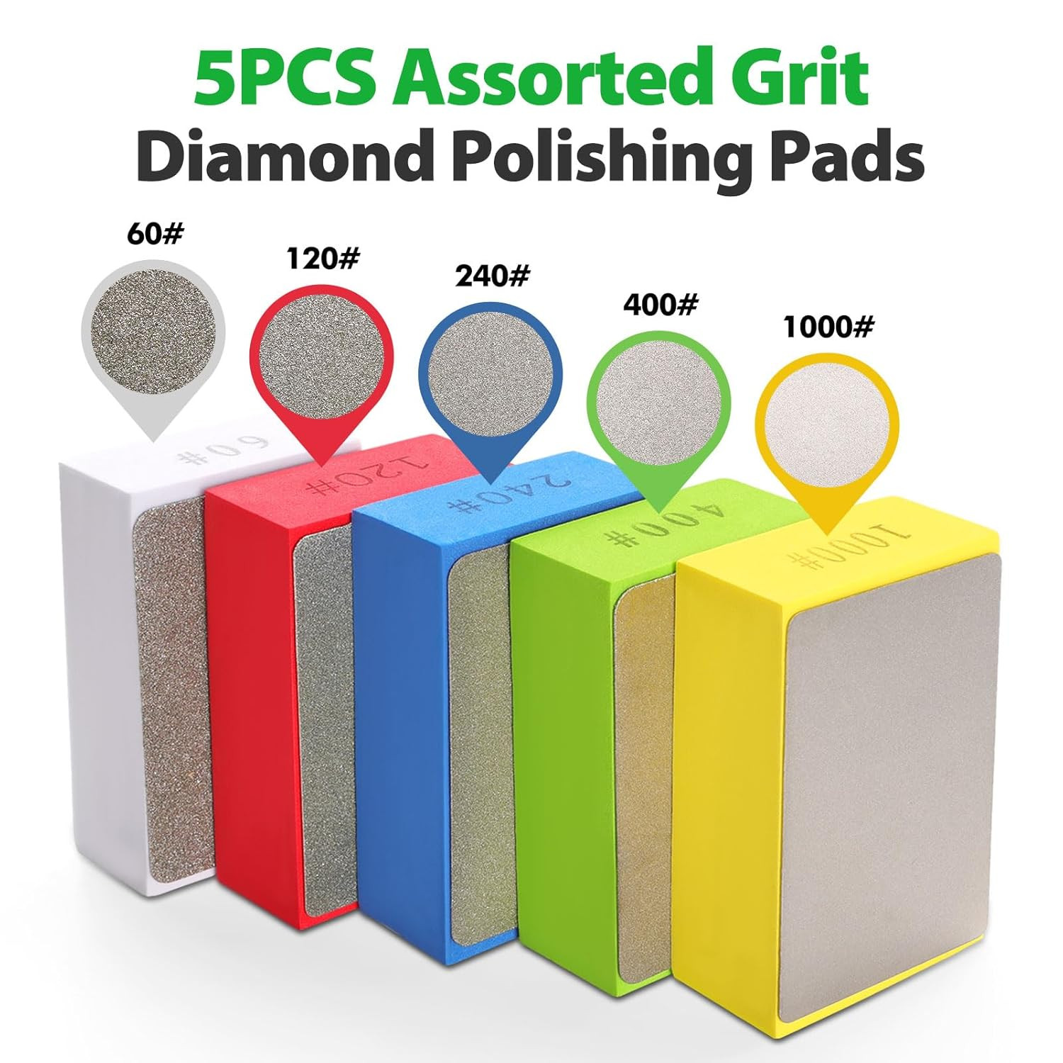 Diamond Hand Polishing Pads, 5PCS Diamond Sanding Pads 60/120/240/400/1000 Grit