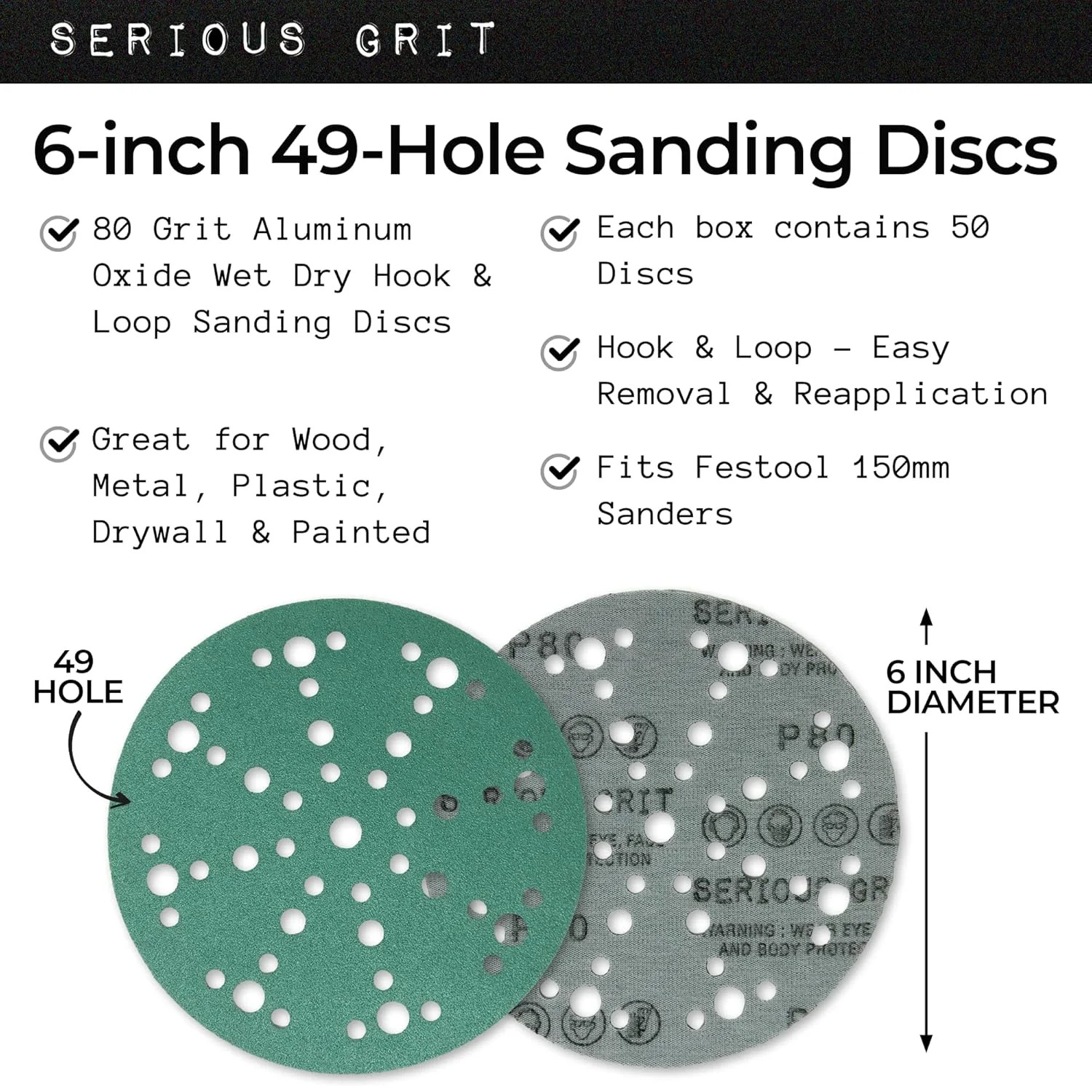 6-Inch 49-Hole 80 Grit Sanding Discs – Heavy-Duty Hook & Loop Film Discs – Sandp