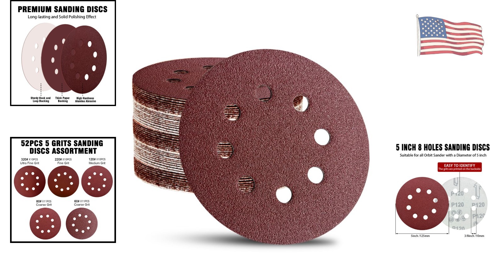 5 Inch Sandpaper Discs – 52 Pack with 8-Hole Design for Smooth Finishes