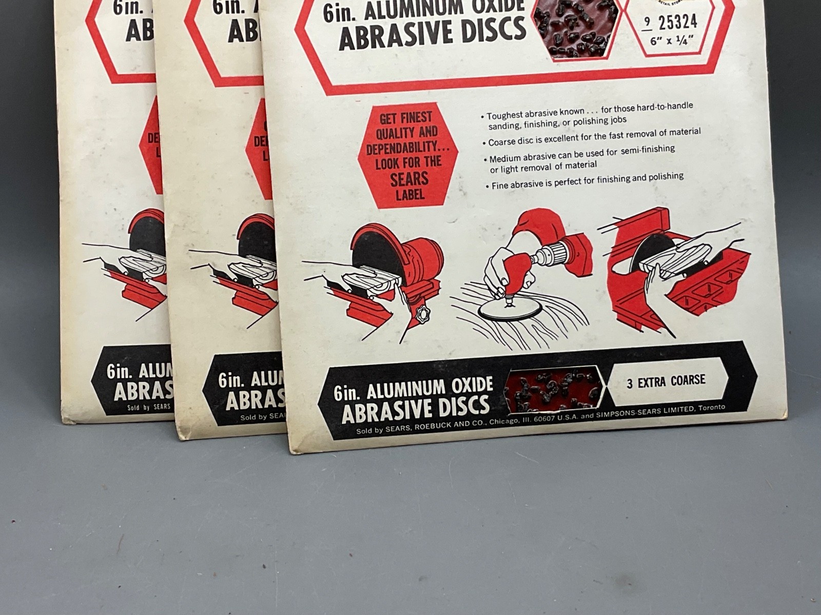 Sears 6 in. Aluminum Oxide Abrasive Dics 9 Extra Coarse in original packaging.