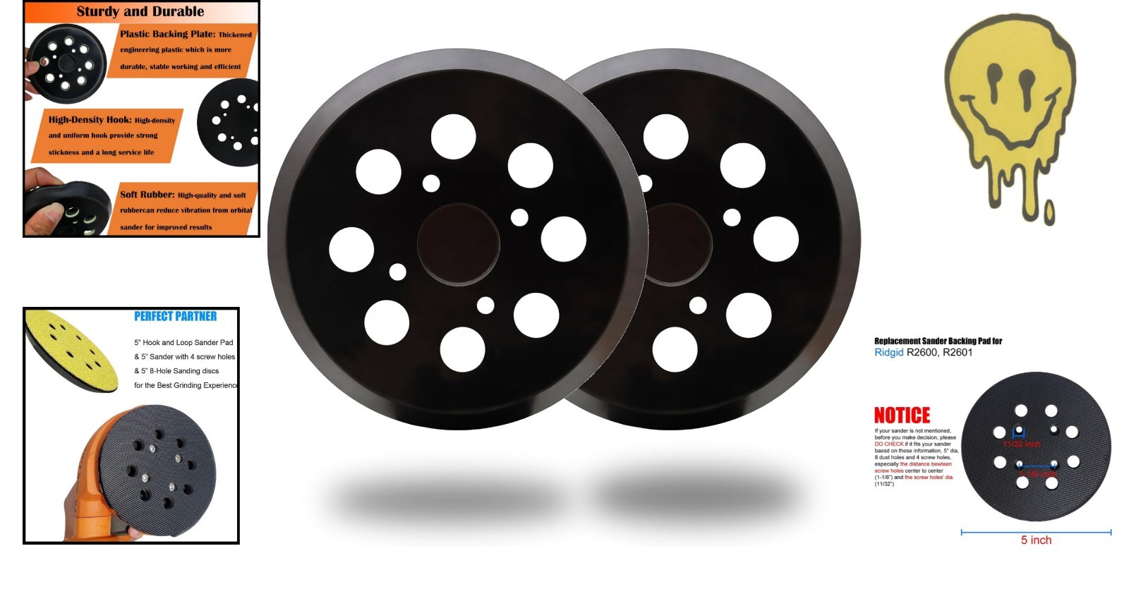 2 Pack 5 Inch 8 Hole Hook and Loop Sander Pad for Ridgid R2600, R2601 5″