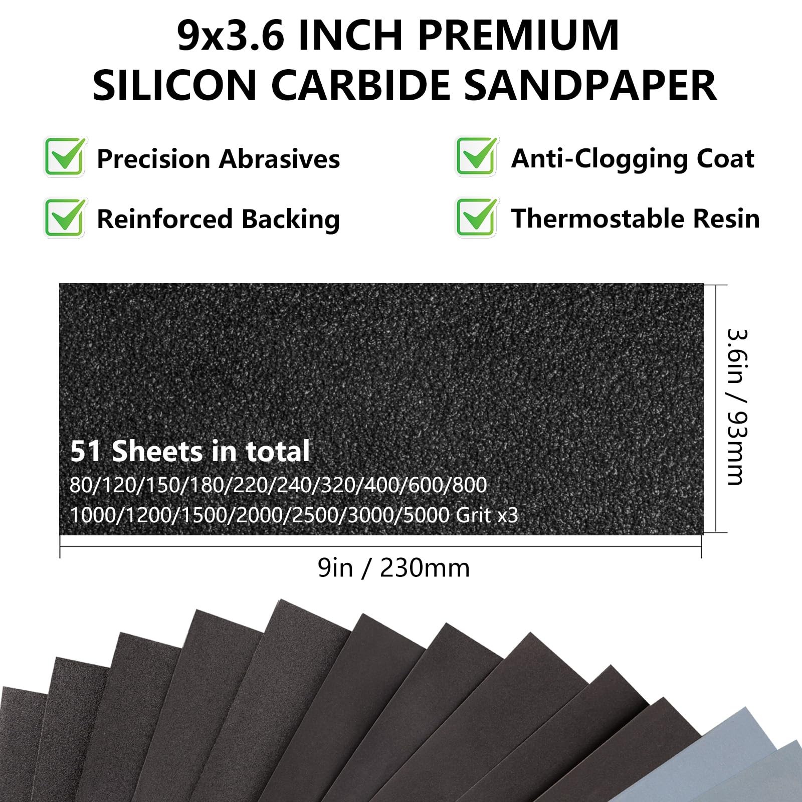 Sandpaper Assortment 80-5000 Grit, 51 Sheets, 9 X 3.6 Inch Wet Dry Sand Paper