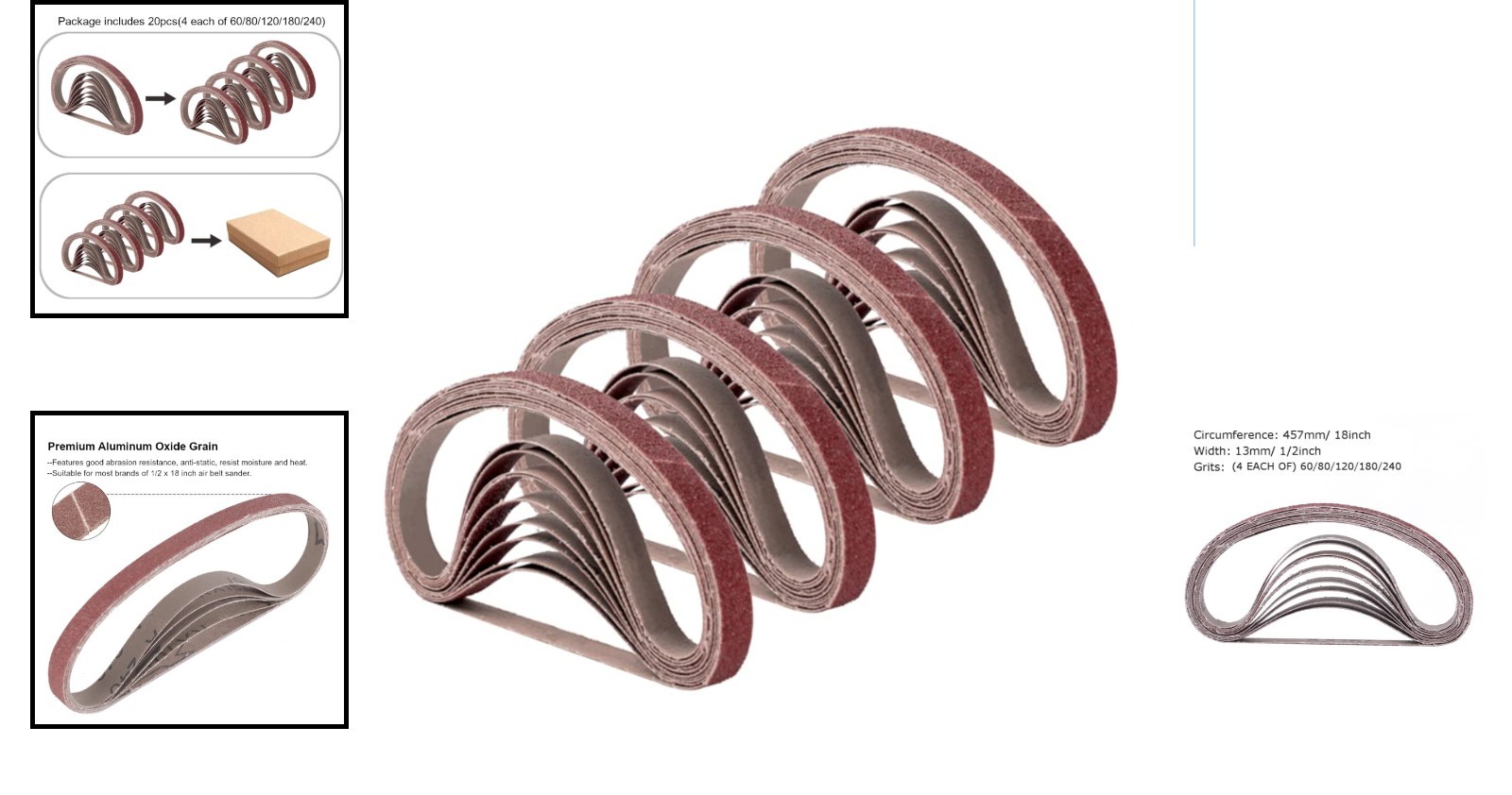 Aluminum Oxide Sanding Belts 1/2″ x 18″ – 20 Grit Set for Professionals